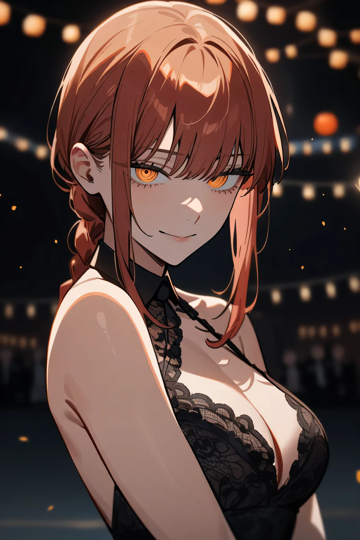 1girl, makima \(chainsaw man\), chainsaw man, looking at viewer, (smirk:0.7), close up (cowboy shot:0.7), beautiful party dress, black lace dress, intricate dress, Black tie event, masterpiece, best quality
