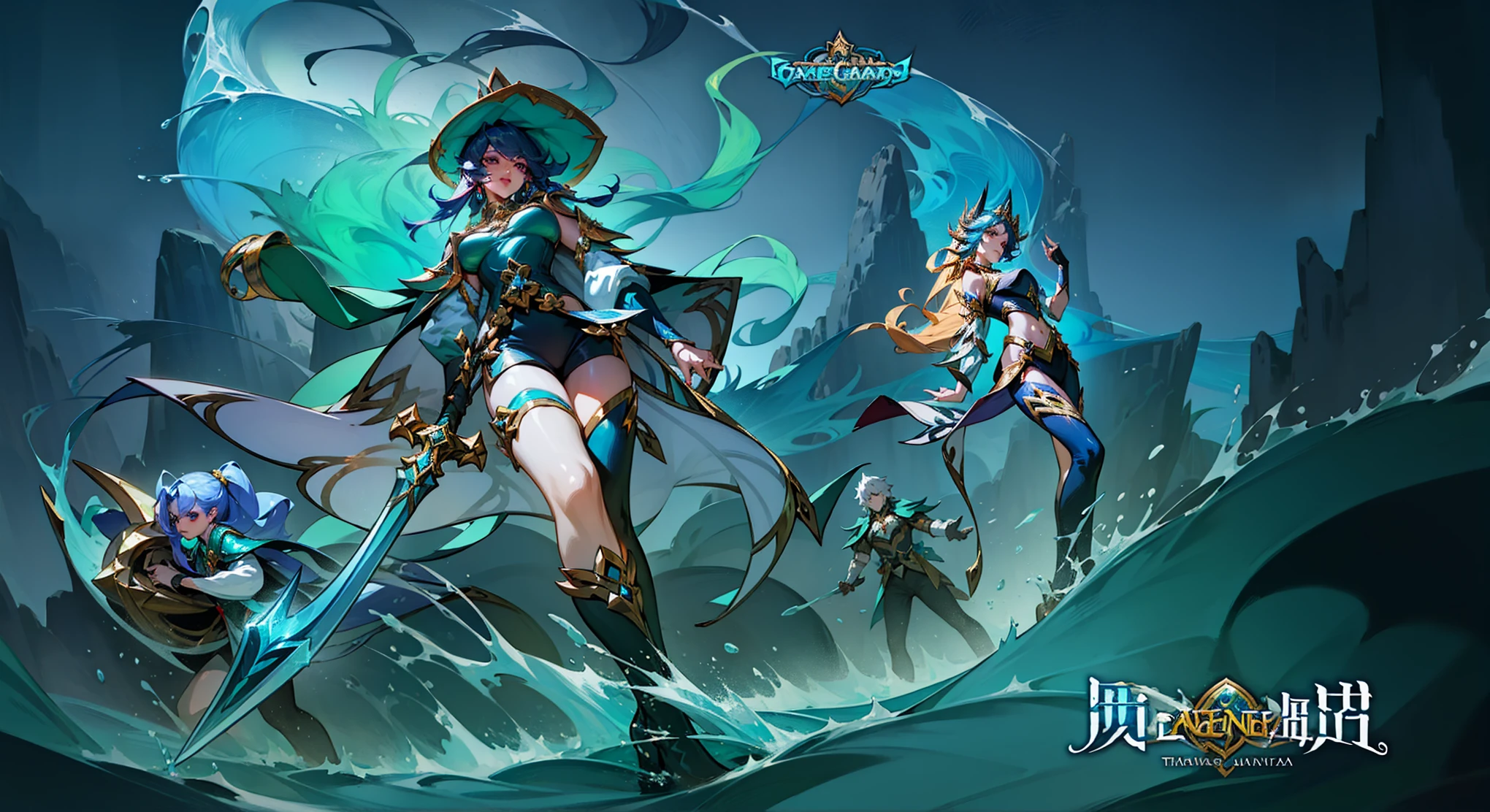 A group of anime characters holding swords, Queen of the Sea Mu Yanling, character splash art, League of Legends style, League of Legends art style, wild rift, Legends of Runeterra, mobile legends, g liulian art style, Official splash art,In the sea，huge waves，League of Legends art style, Official splash art, From League of Legends, League of Legends style艺术,Style ivan talavera and artgerm, fantasy art style, zanlatalia, character splash art，blue atmosphere，Cool colors