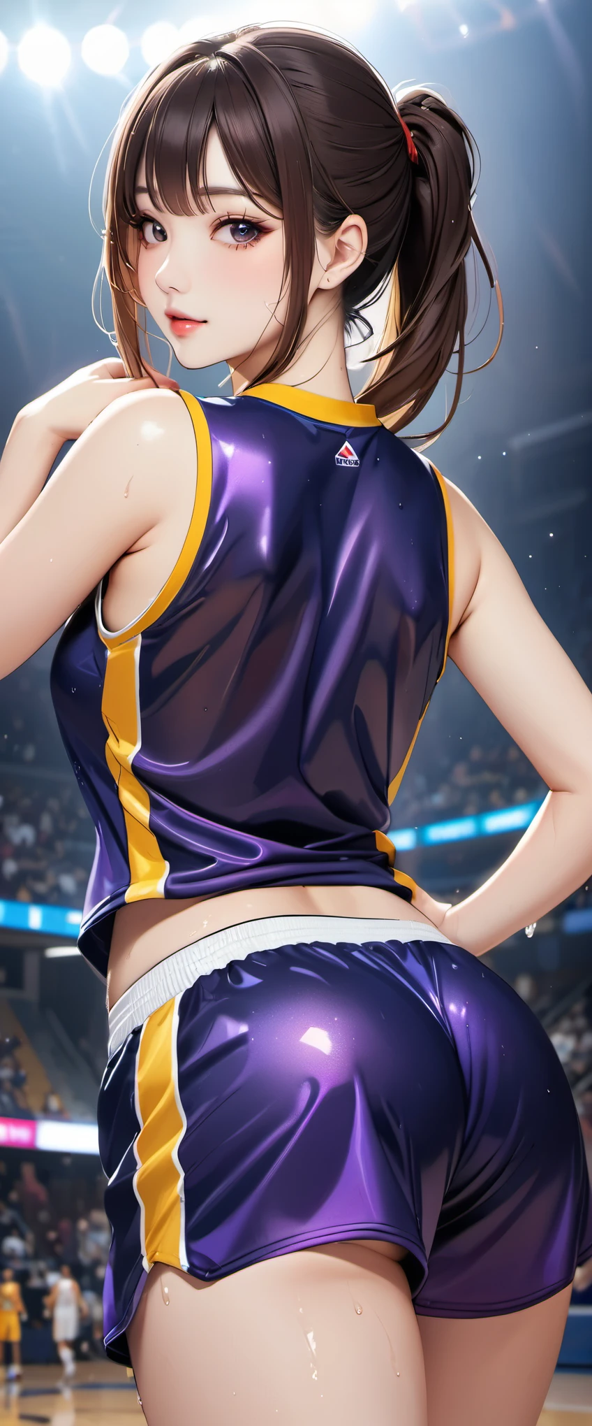 (masterpiece,highest quality,超A high resolution),japanese woman, (((Very beautiful 25 year old girl))), pretty girl、look at the photographer、 ((beautiful low ponytail)), super cute face, glossy lips, double eyelids in both eyes,natural smile、 natural makeup, long eyelashes, Shiny and smooth hair、center image, perfect limbs, perfect anatomy,(((basketball sleeveless uniform)))、,(wet with sweat),,turn around and look back,See-through