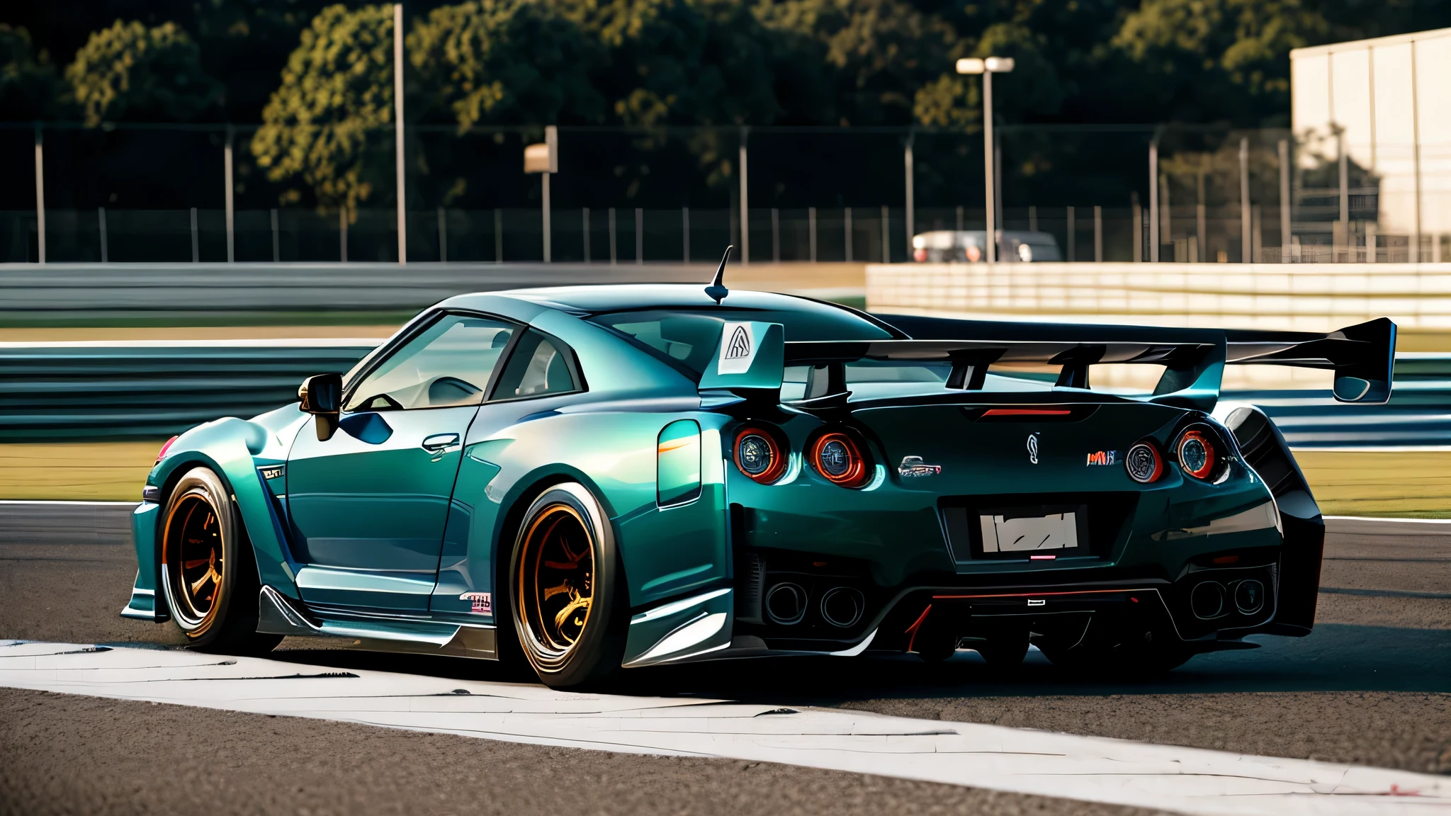 masterpiece、highest quality、High resolution、Nissan GT-R、Suzuka Circuit、wheel spin、backfire、Tuning car