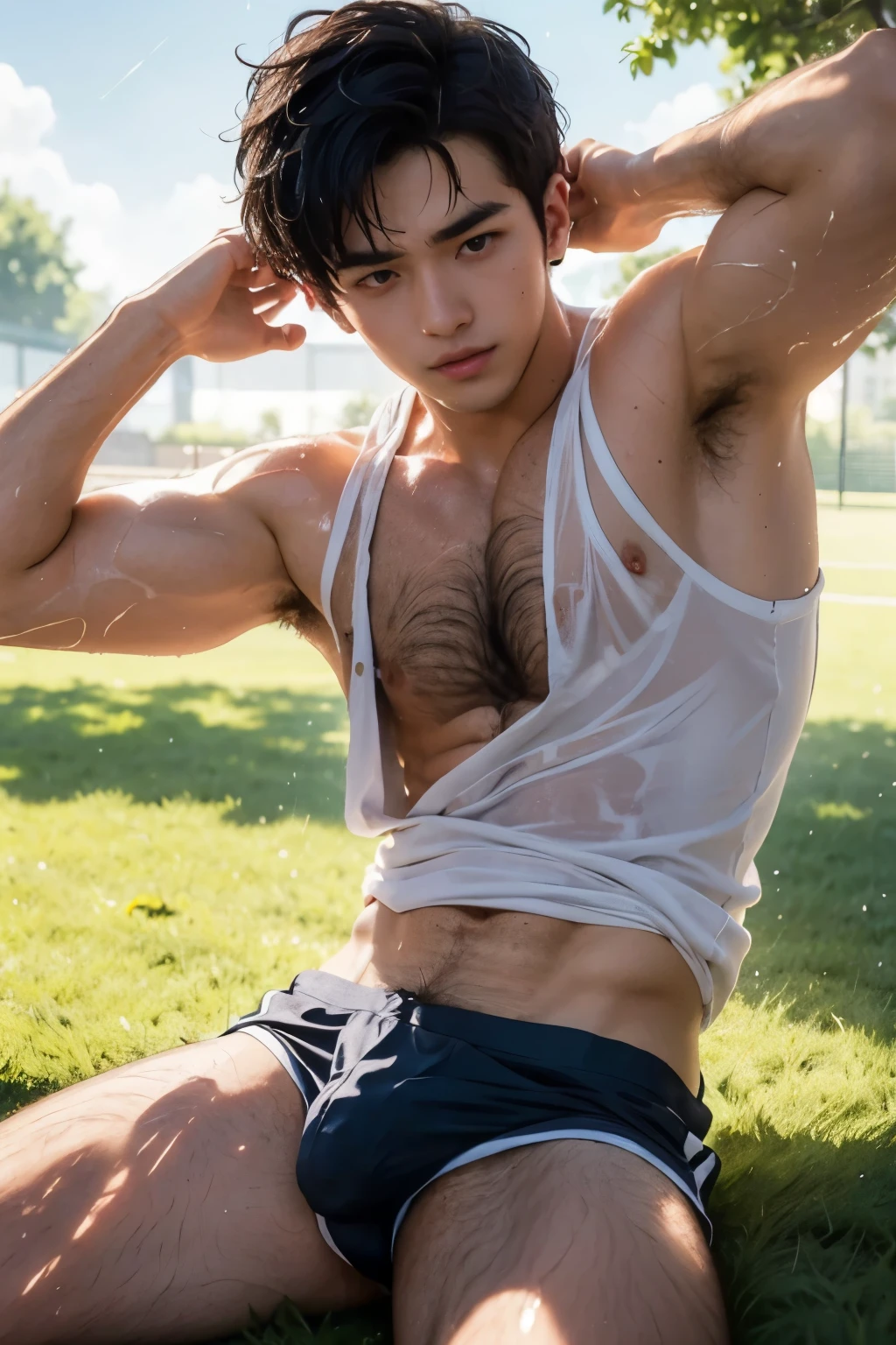 TOP POV, lying down on the field, sleeping, Sport sleeveless shirt, Very sunny day, very wet body, Hairy stomatch, very hairy abs, Very bushy hairy armpits, hairy pubic, hairy crotch, white sleeveless shirt, Super Realistic photography, PROUDLY SHOWING OFF HIS BODY, Cute teen student Wearing wet tanktop, NO PANTS, DETAILED, sexy student, wearing soaked tanktop, ABS EXPOSED, Very wet body, very wet, outdoor field, pantless just wearing soaked white thong, Showing off his very hairy armpits, Slim fit body, teenager, very cute boy face, 17 years old boy, Very young teenager boy, sleeping in the middle of hot green field, dickprint, Sweat dripping all over the body, Proudly showing off his sweaty very hairy armpits to audience, The colors are bright and vibrant, enhancing the overall aesthetic. The lighting is soft and natural, casting a soft glow on the boy, don't merge body's, detailed eyes and lips, sixpack and fit body. Image quality is of the highest standard, with ultra-detailed features and a realistic appearance.