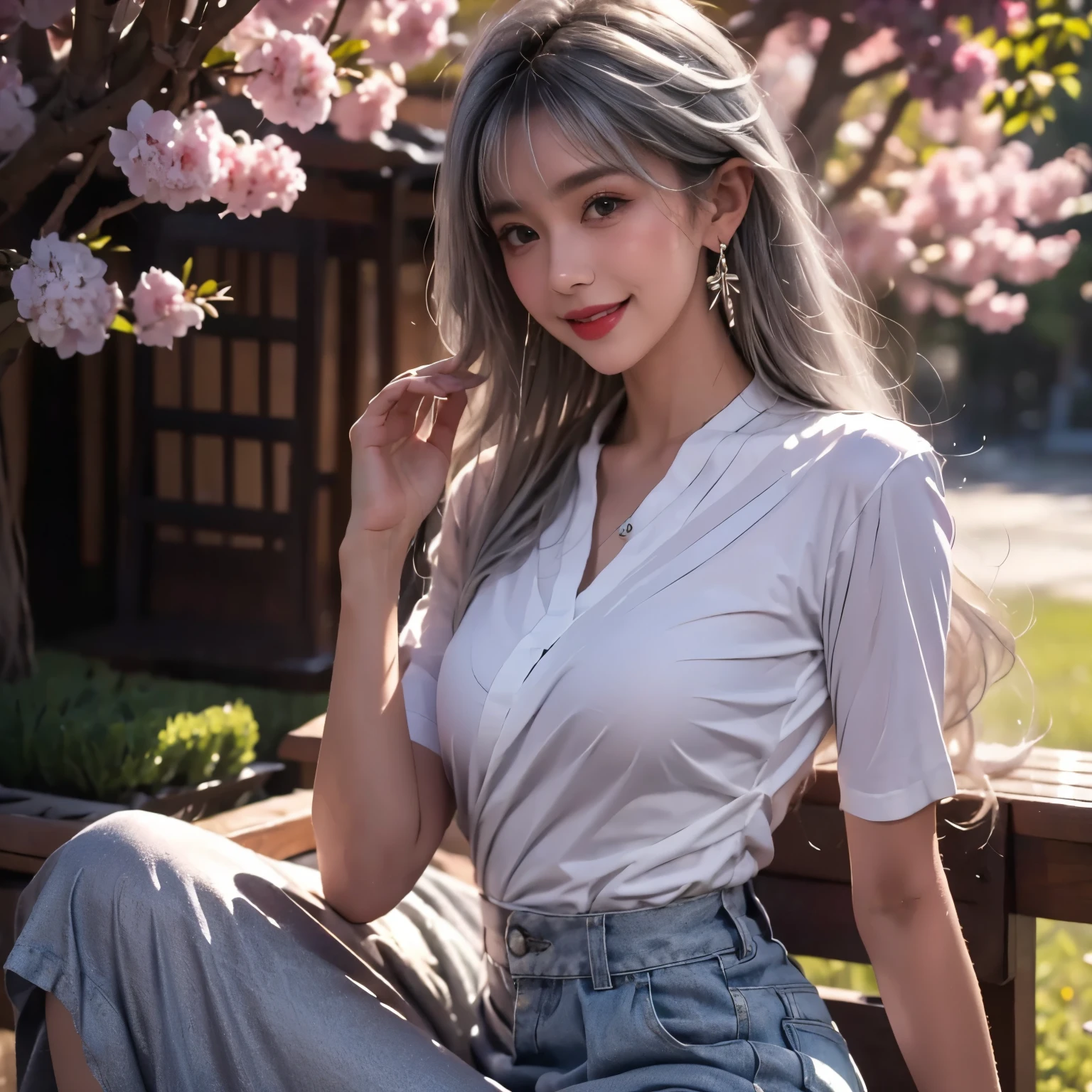 (masterpiece), (((highest quality)), (Super detailed), 1 girl, (silver hair,), 25 years old, outdoor, bangs,, An exciting smile, perfect hands, perfect hands, hand details,  earrings, cherry blossom park+ background,highest quality,maxi skirt,white blouse,full body shot,((A little skin exposed)),sexy,looking at the camera,bun hair,(medium chest)