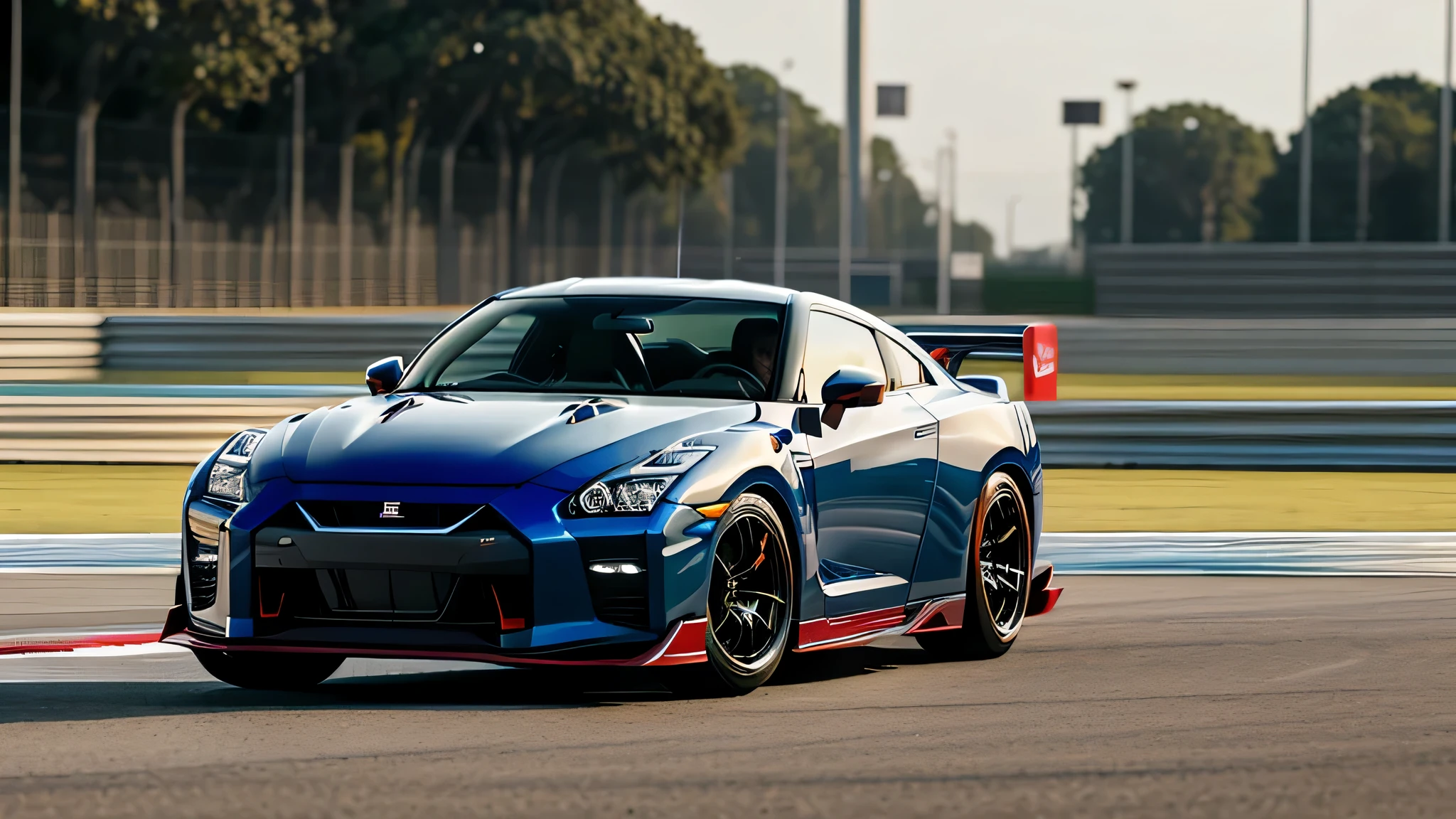 masterpiece、highest quality、High resolution、Nissan GT-R、Suzuka Circuit、wheel spin、backfire、