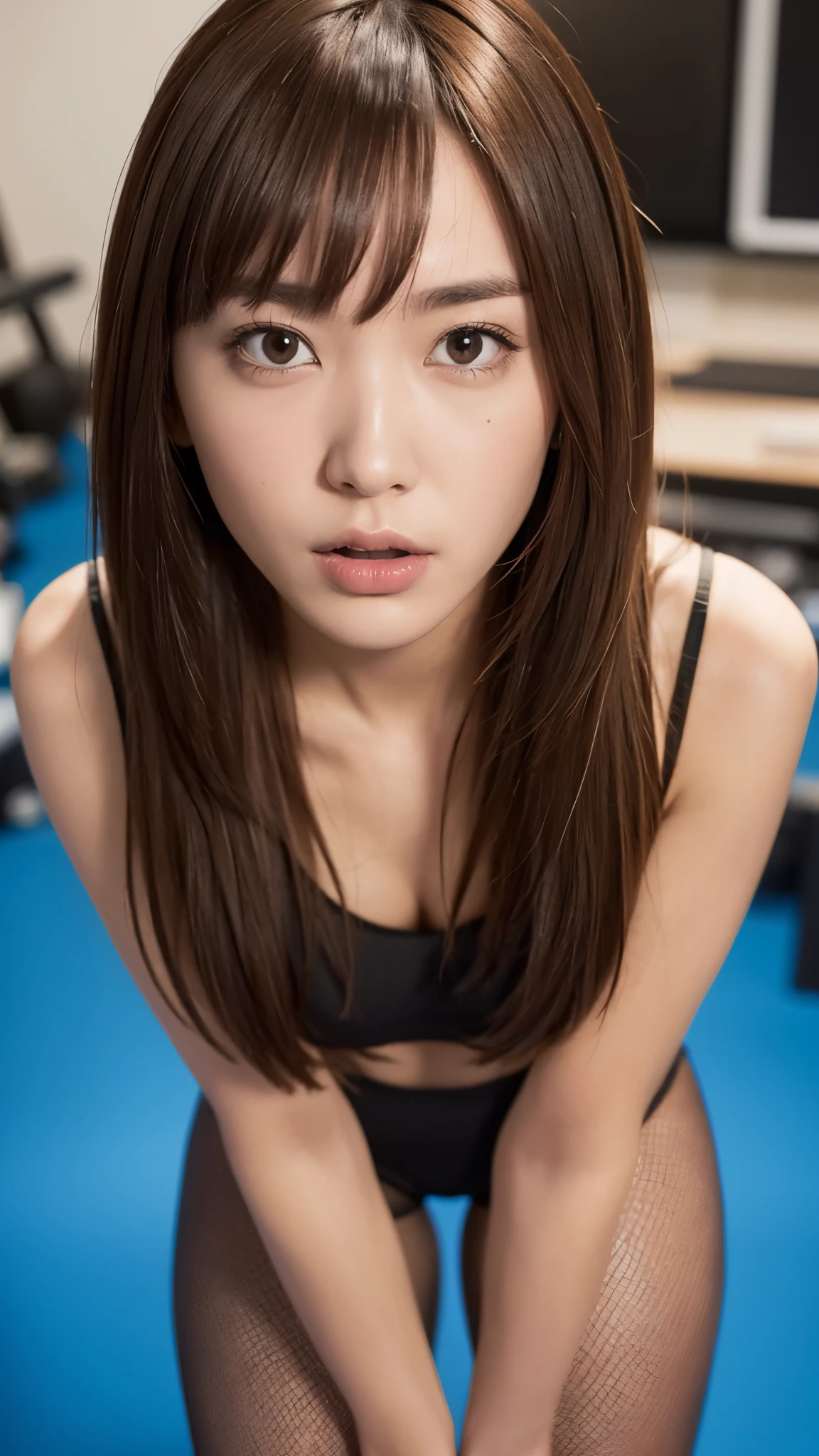 bird&#39;s eye view、photo taken from above, from the front:1.5, looking at the viewer、NSFW, at the gym, ((wearing Fishnet bodystocking)), (leaning forward:1.3), (hands on knees:1.3)、(medium hair, straight hair, bangs:1.3, brown hair), (embarrassed,blush:1.8, open mouth:1.3), very detailed, fun expression, 8K, 4K resolution, dynamic lighting, high resolution resolution, highly detailed face, very fine eyes, highly detailed skin, very fine fingers, highly detailed nose, highly detailed mouth, perfect anatomy, highly detailed background