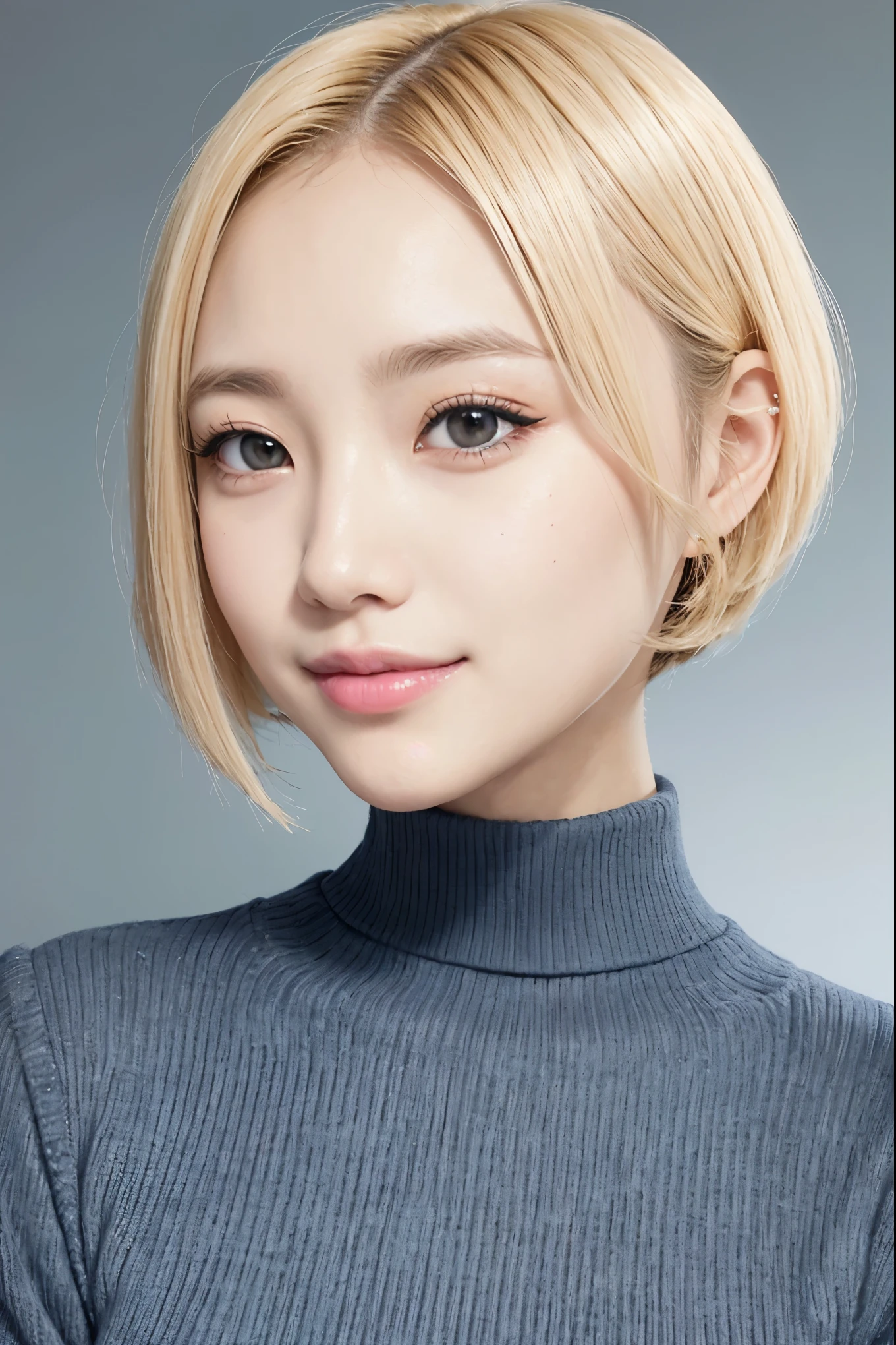 real, masterpiece, highest quality, A photo of a woman smiling happily, beautiful and detailed eyes, long slit eyes, black eyes, thin eyebrows, Make your eyelashes delicate, long eyelashes, false eyelashes, (blonde hair, short hair, middle part:1.3), A little tooth is visible, Dark blue turtleneck sweater