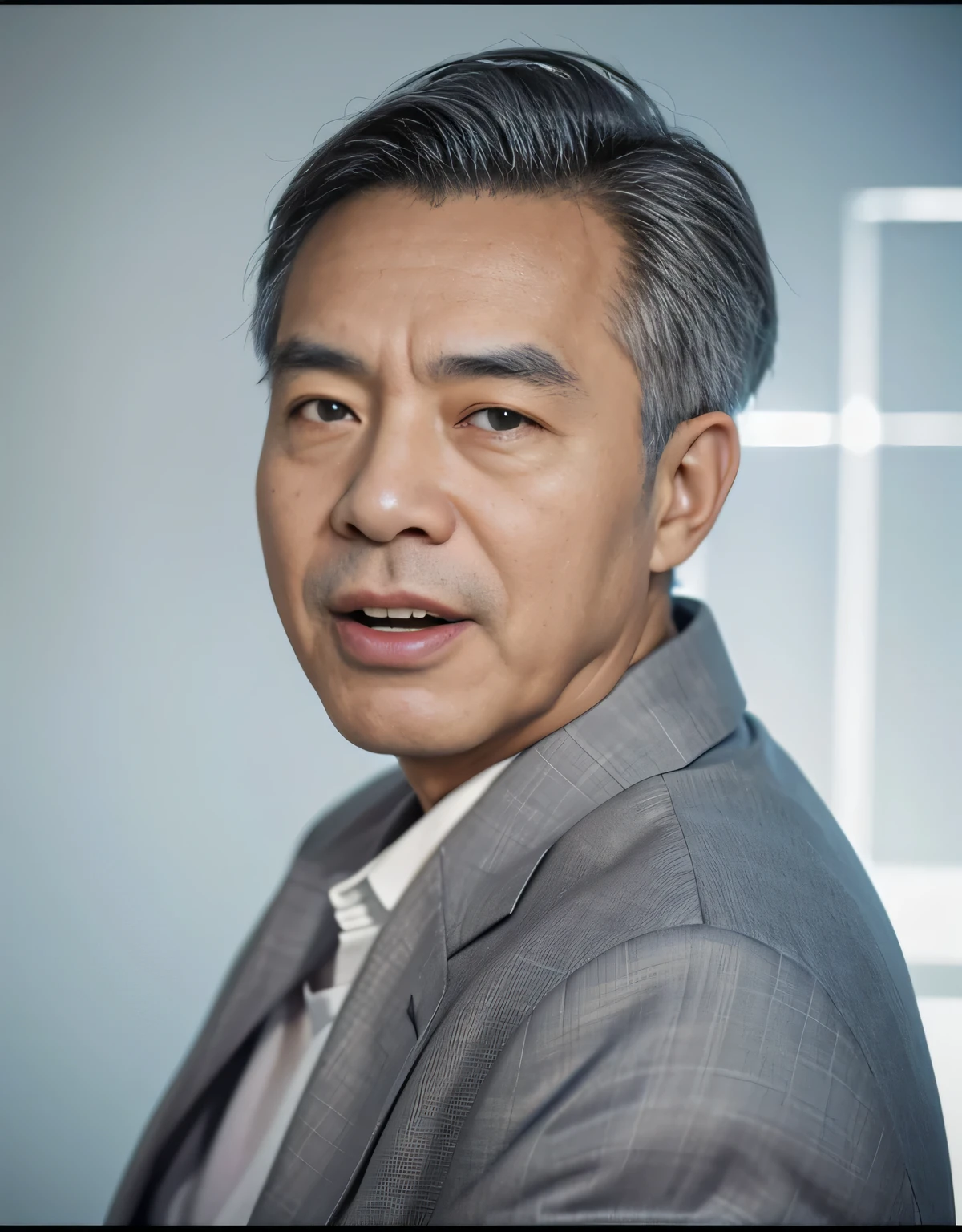 Highly realistic photo, ((masterpiece), (best quality), (raw photo), (photorealistic:1.4), Portrait of Vietnamese old man, 60 years old, ((gray hair)), ((wearing a dark suit)), ((light blue background)), photo taken by Sony A7IV