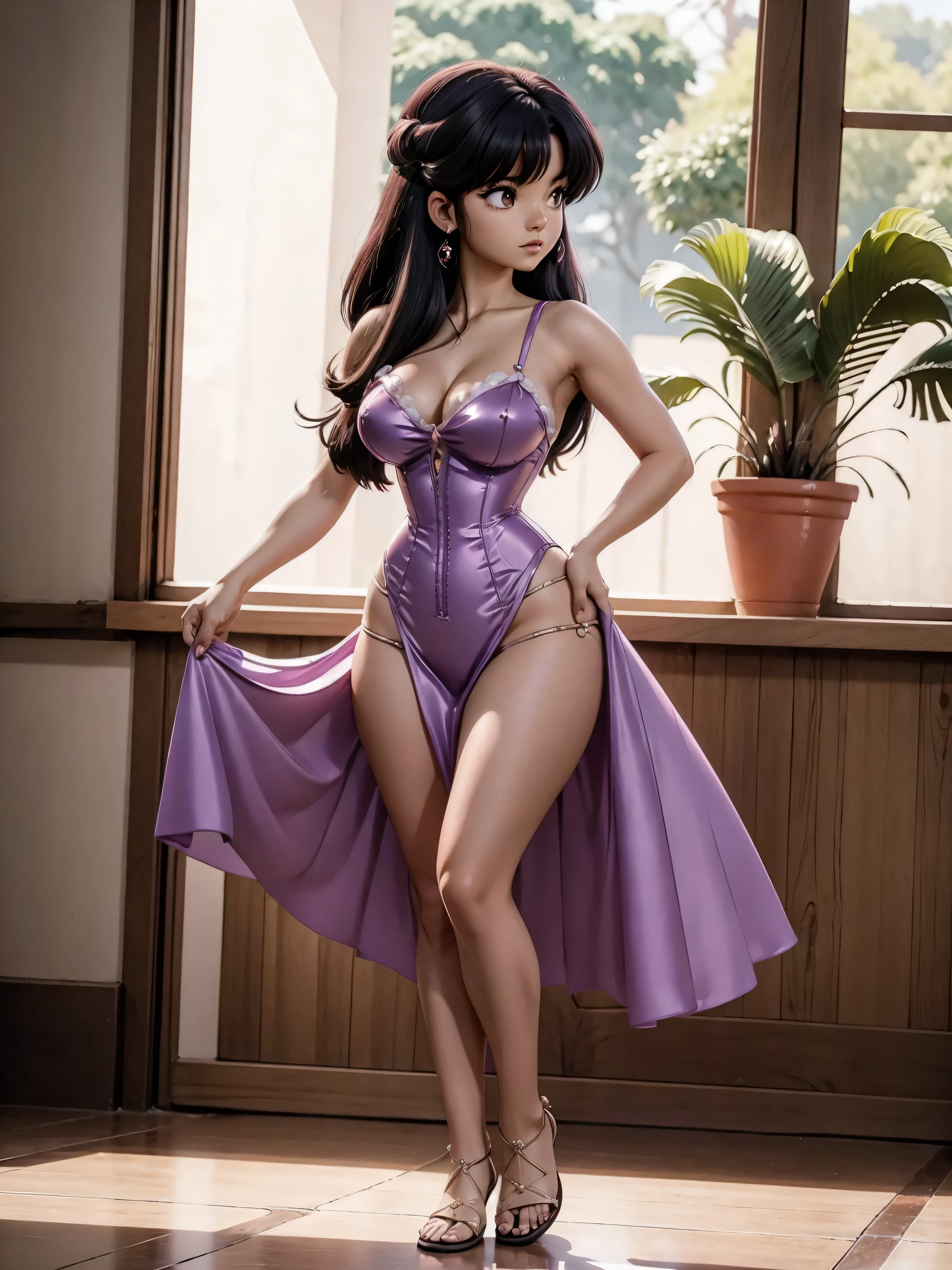 Garota anime de cabelo escuro com saia vestido longo purple meio transparente e espartilho, , corpo bonito, seios grandes, com hand in panties , hand in hair, Garota sensual, purple cabelo, mechas de cabelo laterais, mechas de cabelo na lateral do rosto, beautiful lighting, sombras suaves, olhos azuis, pernas bonitas, cabelo curto, estilo anime, personagem Akane Tendo, Autora Rumiko Takahashi, Baseado em obra de Rumiko Takahashi, Anime Ranma 1/ 2, decote sensual, quadril robusto, corpo inteiro, corpo inteiro, busto grande, garota jovem com corpo belo e bonito, sandals on his feet, garota 16 anos usando saia e corset pink e purple meio transparente, garota anime, estilo anime, beautiful feet in sandals, 45° viewing angle, ao ar livre, peito grande, seios bonitos, cabelo preto, sandals on the feet, pernas bonitas, sensual, belas pernas, Sandalias, seios grandes, corpo completo, corpo inteiro, feet with sandals, anime realista, saia, sarja roxa, personagem realista sensual, postura ereta, ao ar livre, calcinha pink, hand in panties, saia vestido com 50% de opacidade meio translucida