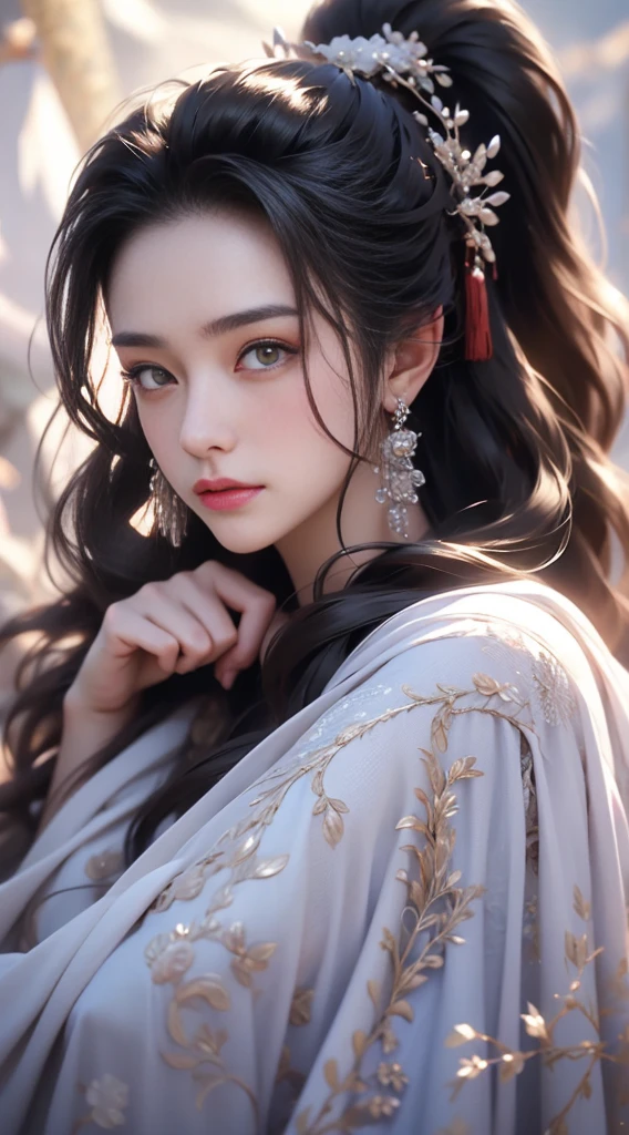 1girl,Sweet,, ,full body ,large breasts,The background is winter,snowy garden,1 girl,beautiful girl,Female Samurai, Holding a Japanese Sword, shining bracelet,beautiful hanfu(white, transparent),cape, solo, {beautiful and detailed eyes}, calm expression, natural and soft light, delicate facial features,very small earrings, ((model pose)), Glamor body type, (dark hair:1.2), beehive,long ponytail,very_long_hair, hair past hip, curly hair, flim grain, realhands, masterpiece, Best Quality, photorealistic, ultra-detailed, finely detailed, high resolution, perfect dynamic composition, beautiful detailed eyes, eye smile, ((nervous and embarrassed)), sharp-focus, full_body, sexy pose,cowboy_shot,Samurai girl,glowing forehead,lighting, Japanese Samurai Sword (Katana),girl