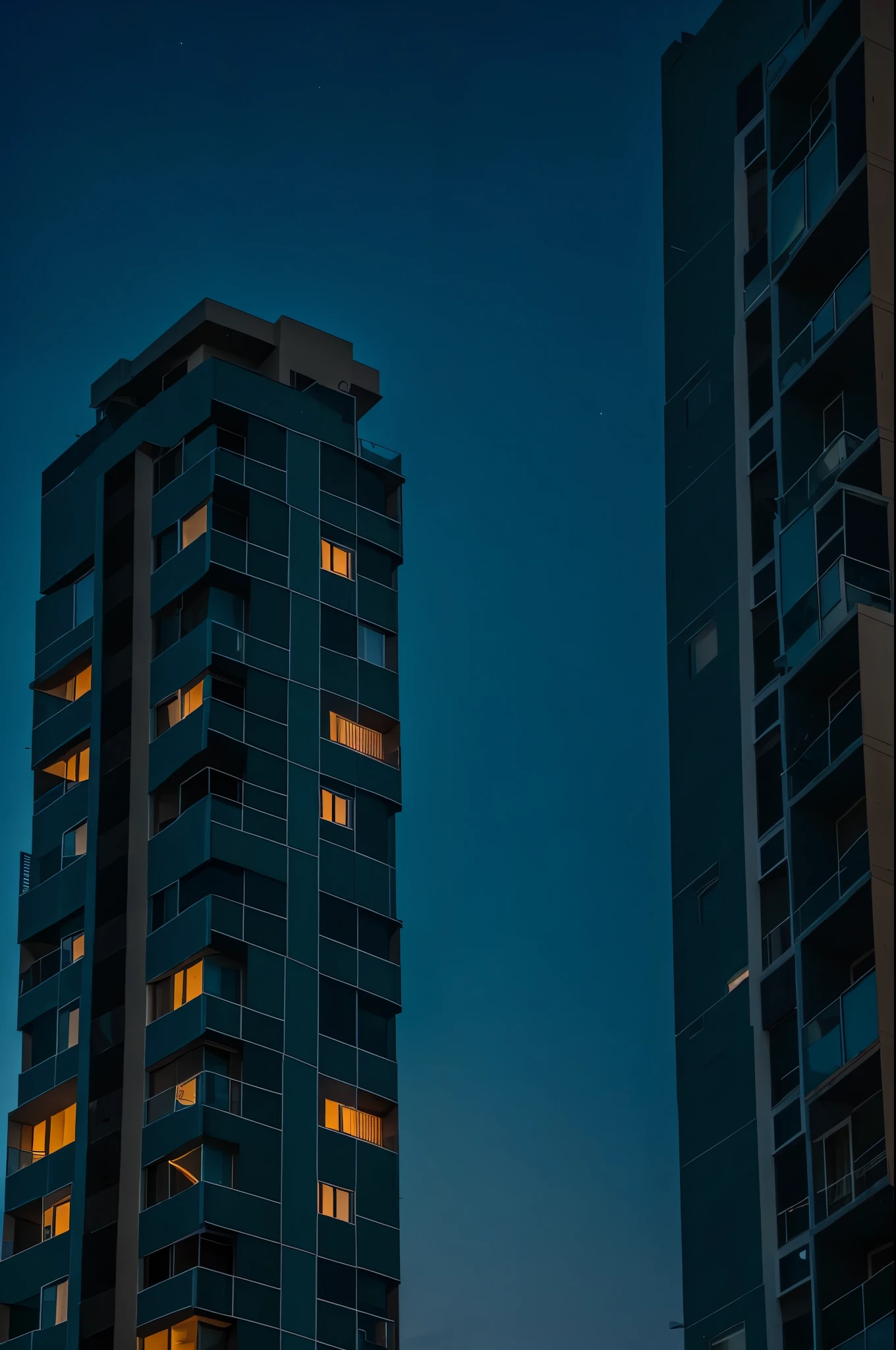 A residential building，Only one window is lit，late night，clean sky，clean background