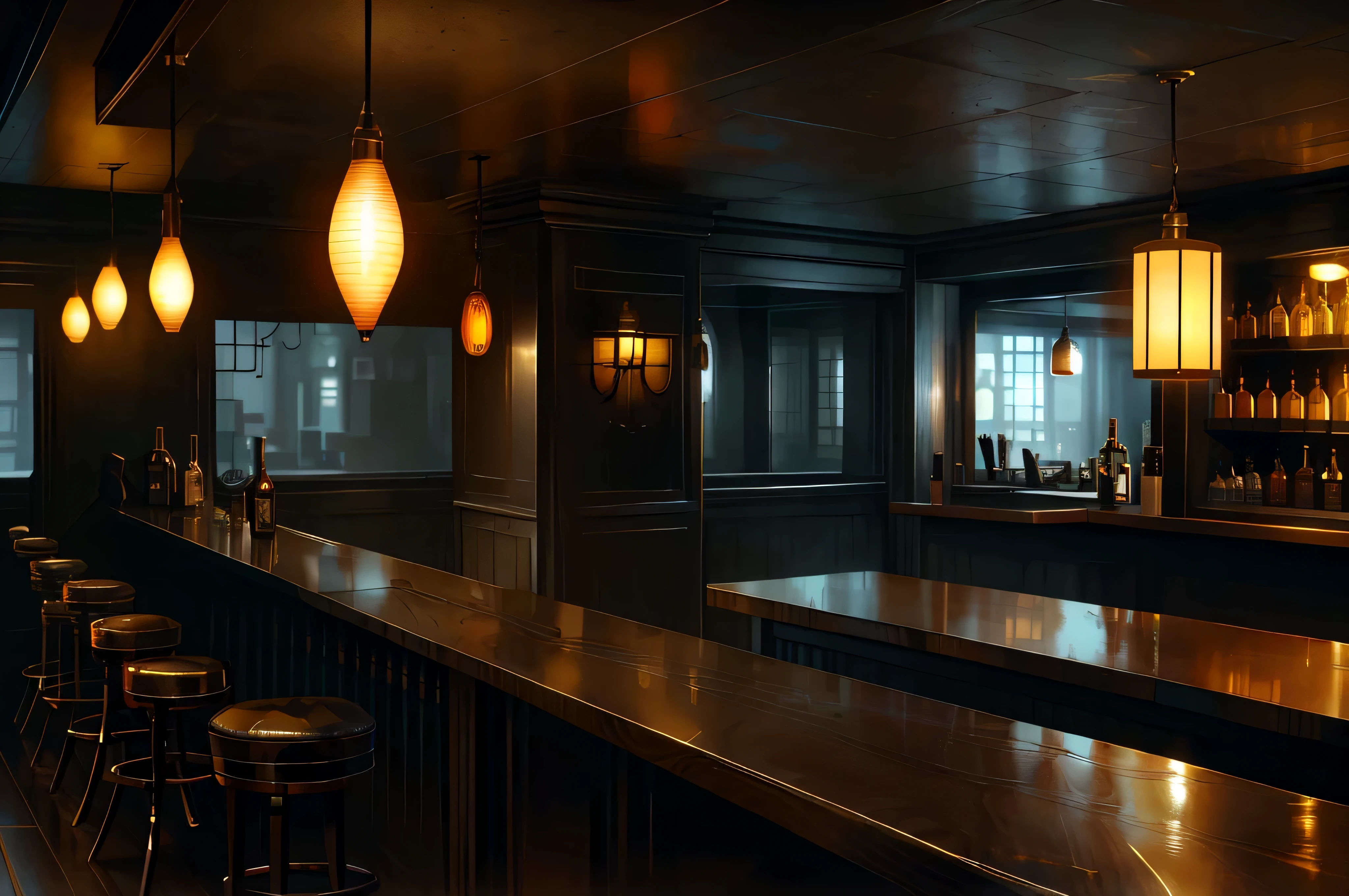 (best quality,4K,8K,high resolution,masterpiece:1.2),Super detailed,(actual,photoactual,photo-actual:1.37),dimly lit bar,dark atmosphere,empty bar，The atmosphere is deserted(),Gloomy environment,Spacious and comfortable layout,Plush leather bar stool(),Elegant wooden bar(),Low-hanging chandeliers cast a soft, warm glow(),Reflection on polished bar table(),Dimly lit wine bottles on shelf(),moody atmosphere(),Artistic Bartending Tools and Equipment(),Exquisite cocktail glass(),Quiet and peaceful atmosphere().