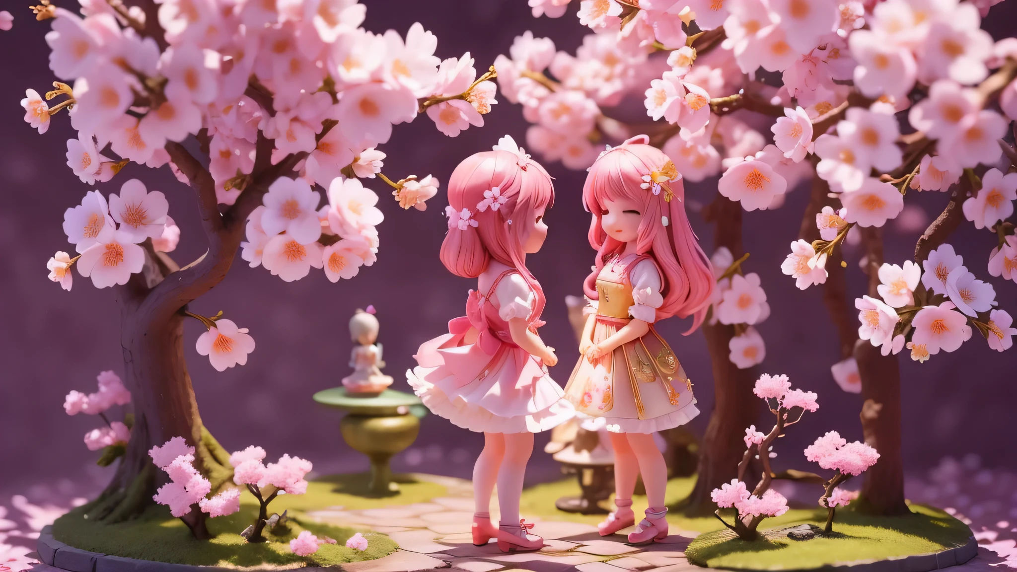 Magic garden miniature scene, Delicate cherry、Softly glowing cherry blossoms、Illuminated by happy smiling miniatures. 8K Autorealist,Cherry tree in full bloom、girl cherry blossom fairy、、3 heads and bodies、Rear view