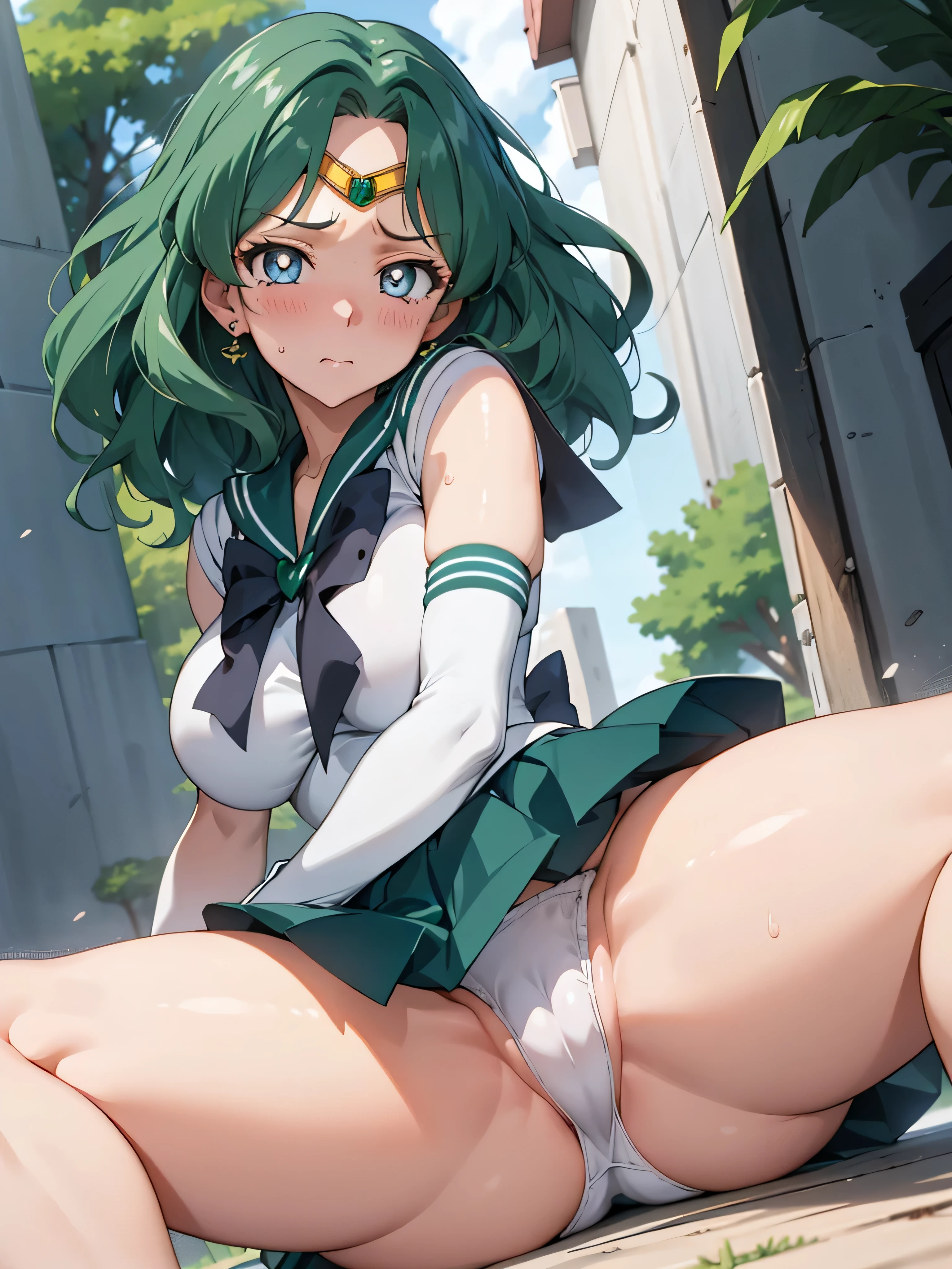 masterpiece, highest quality, hd, 4k, ultra high resolution, extreme details, Super detailed, 1 girl, (huge breasts:1.2), alone, sailor neptune, sailor neptune, medium breasts, aqua eye, dark green hair, medium hair, (sailor warrior uniform:1.2), back ribbon, white elbow gloves, pleated skirt, big breasts, thigh, Ahegao, blush, Shyness,His eyes were shining, (fine and beautiful eyes:1.6), highly detailed face, perfect sentence, Detailed CG, (perfect hands, perfect anatomy),((spread your legs:1.3))((white panties)), Angle looking up from below.、realistic skin, shiny skin, shiny skin, professional lighting, sweaty feet,Rear view, look at the audience, huge waist, buckshot, Rear view, crawling posture, look over your shoulder, back pose,backwards pose, show me your butt, stick out your butt, Buttocks emphasis, Raise your ass,(embarrassed look:1.5),