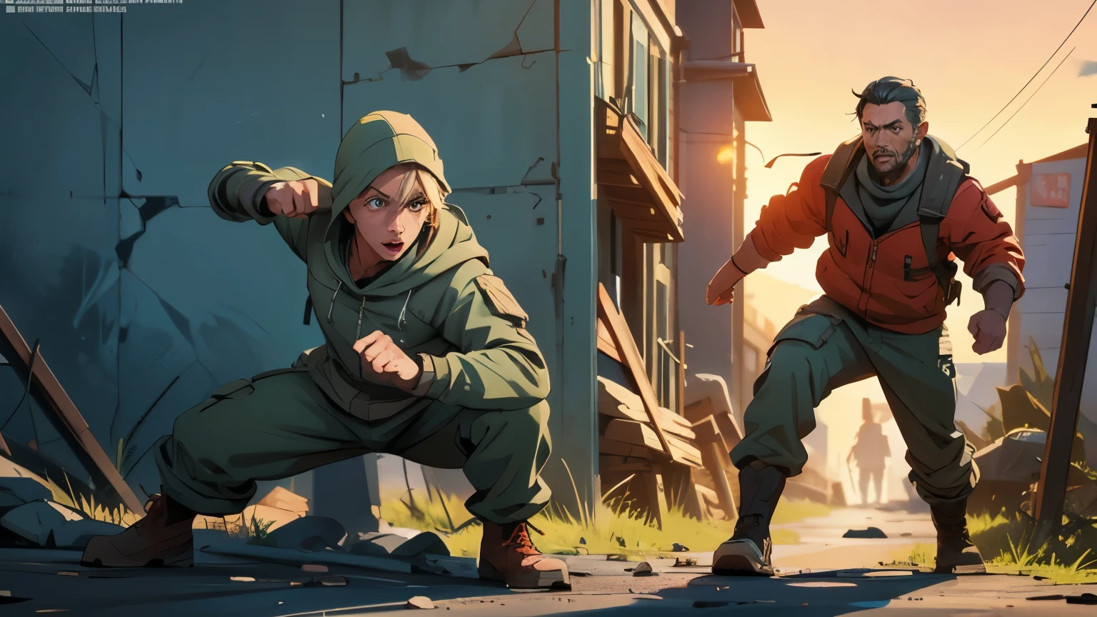 (dev)full body character in DayZ video game in anime style, detailed character face and clothing, vibrant colors, sharp focus, detailed environment, realistic lighting, concept art-esque, dynamic pose, action scene