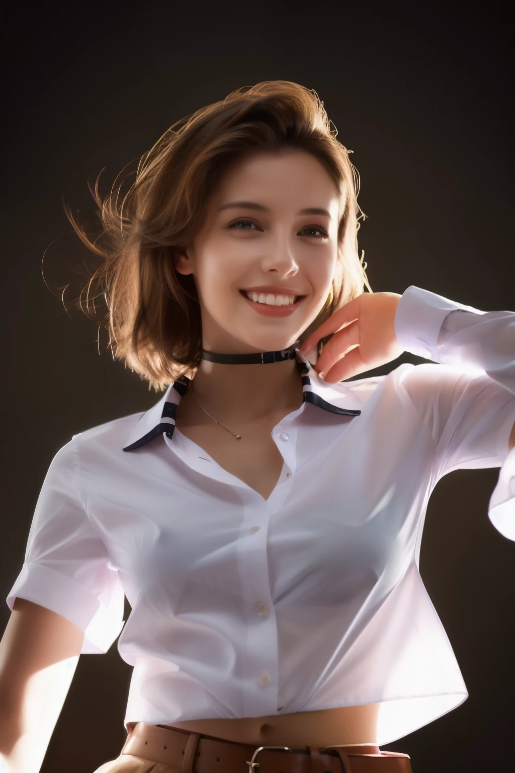 best quality, masterpiece, (photorealistic:1.4), 1girl, light smile, strip shirt with collars, waist up, dramatic lighting, from below, C CUP