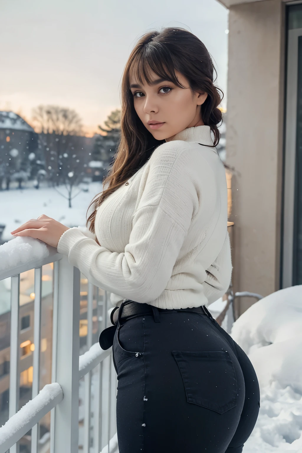 Beautiful sensual woman with curvaceous body, long hair, bangs, french braid, widest waist, perfect chest, curvy highlighted booty, sparkling eyes, long eyelashes, thick thighs, strong calf, embarrassed look, Tania Yushiregar, she is wearing a woolen shirt, pants, belt, she is on the balcony, Winter evenings, lots of snow, realistic, masterpiece, Bokeh, volume lighting, The atmosphere of the winter season, close up shot