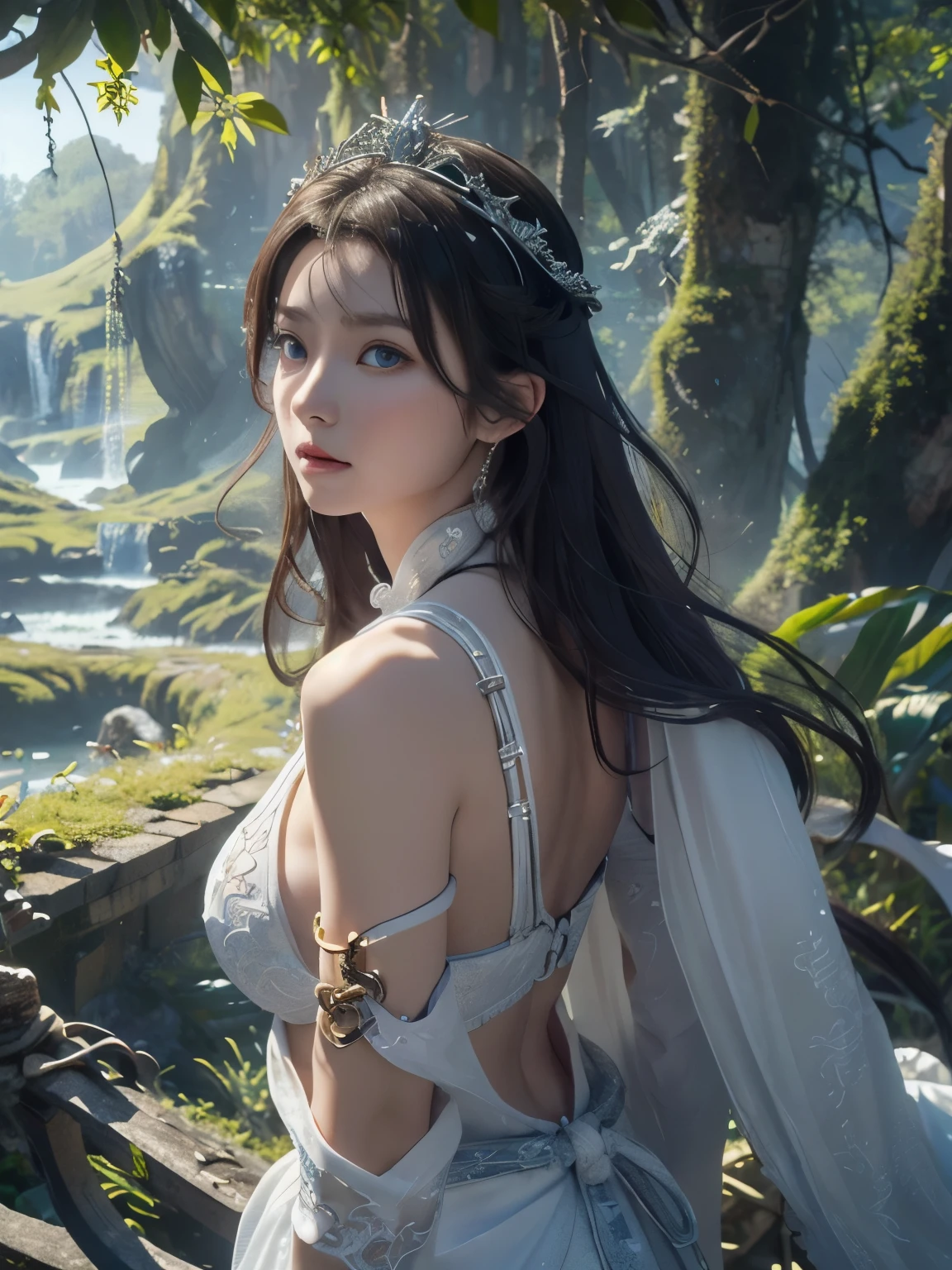 (Fight fiercely with dragons)、top-quality、masterpiece、超A high resolution、(White Dragon Armor)、(((Colossal tits))),dragon armor、(Wearing a beautiful crown made of jewels),(Photorealsitic:1.4)、Raw photo、1 girl、Golden hair、glowy skin、(((Chinese Dragon)))、(Gorgeous Jewelry Necklaceystical expression)、(Fight big dragons)、With a beautiful knife、(White Metal Bikini)、(beautiful forest background)、Precipitous cliffs in the blue sky、(Small LED)、((super realistic details))、portlate、globalillumination、Shadow、octan render、(Huge ruins)、8K、ultrasharp、Colossal 、Raw skin is exposed in cleavage、metals、Details of complex ornaments、Japan details、highly intricate detail、Realistic light、CGSoation Trends、Blue eyes、radiant eyes、Facing the camera、neon detailechanical limbs)、(blood vessels connected to tubeechanical vertebrae attached to the back、mechanical cervical attaching to neck、(Wires and cables connecting to the head)、Gundam、Small LED、,Mechanical thighs、Toostock、(Full Body Angle)、(veils)、(((Heavy Big))),