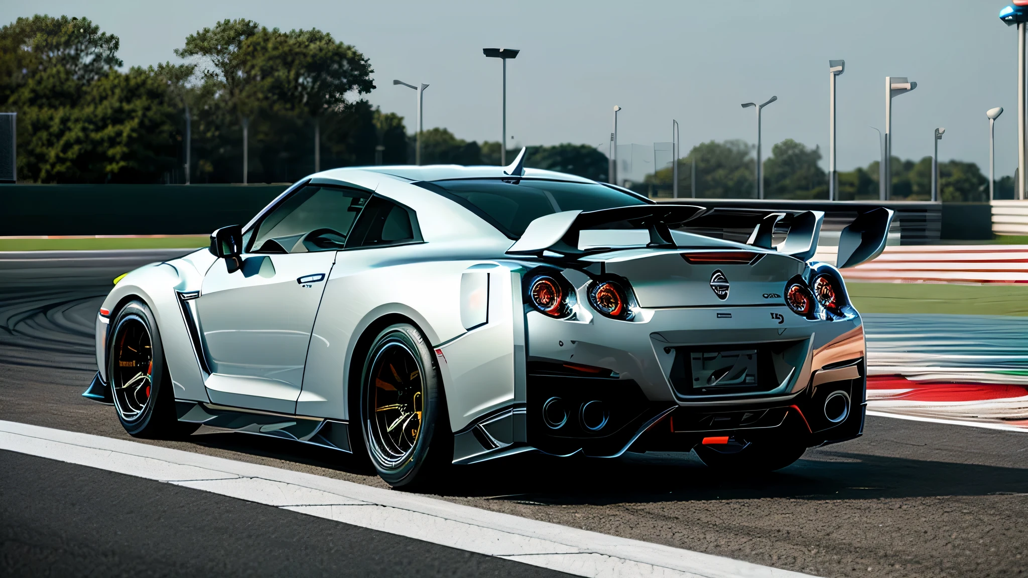 masterpiece、highest quality、High resolution、Nissan GT-R、Suzuka Circuit、wheel spin、backfire、Tuning car