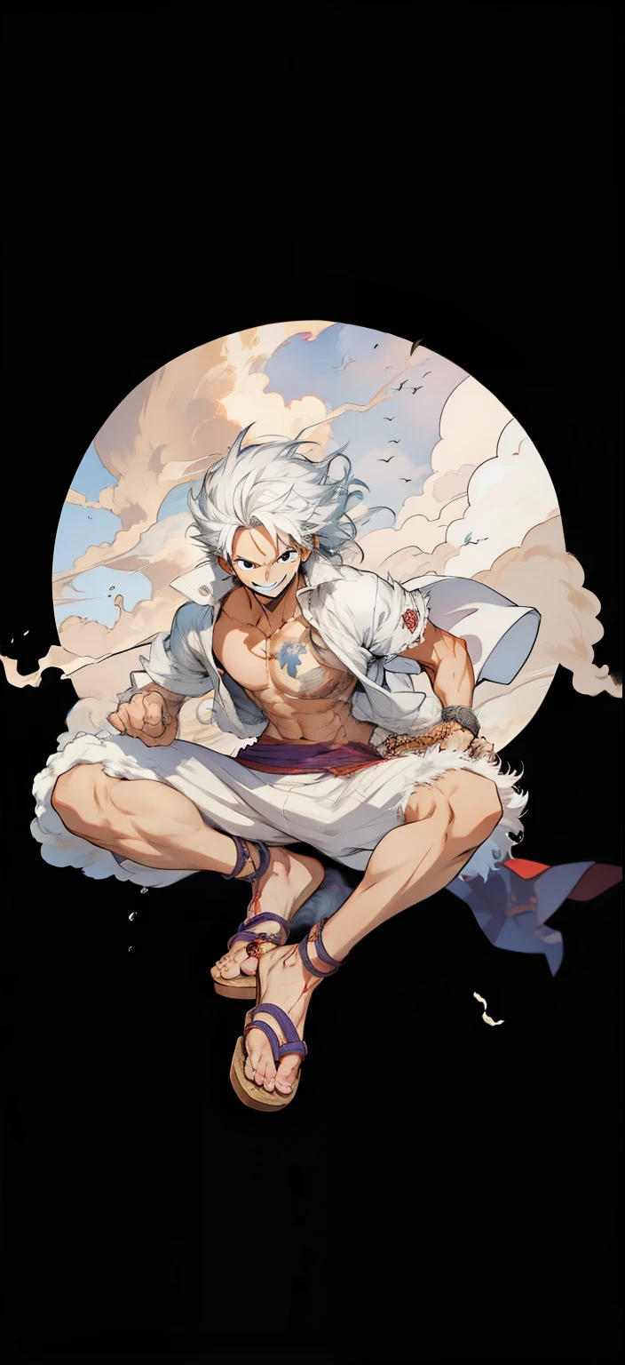 Luffy gear five, white floating hair, ring of clouds wave, smiling,
