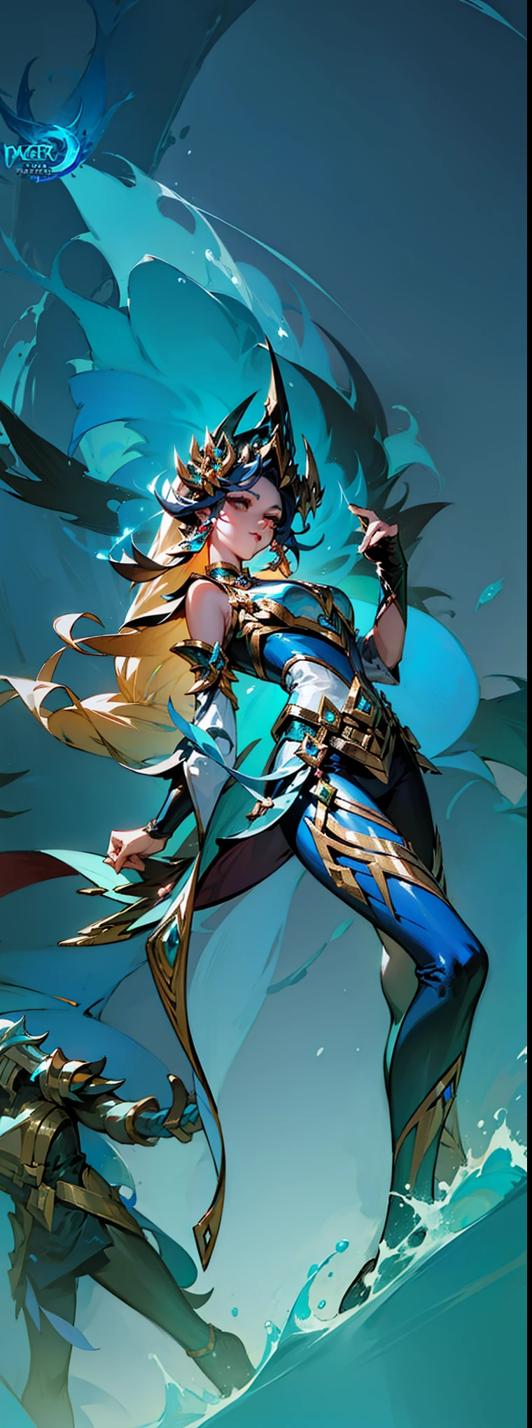 A female character, Queen of the Sea Mu Yanling, character splash art, League of Legends style, League of Legends art style, wild rift, Legends of Runeterra, mobile legends, g liulian art style, Official splash art,In the sea，huge waves，League of Legends art style, Official splash art, From League of Legends, League of Legends style艺术,Style ivan talavera and artgerm, fantasy art style, zanlatalia, character splash art，blue atmosphere，Cool colors