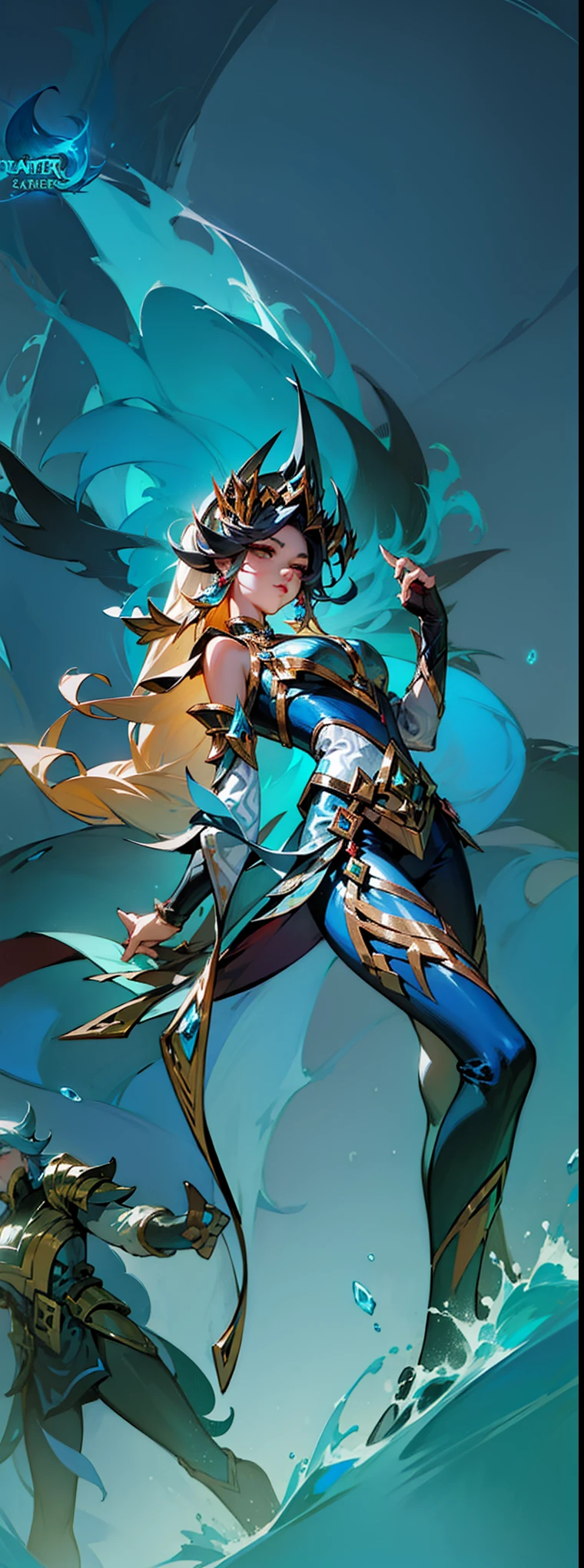 A female character, Queen of the Sea Mu Yanling, character splash art, League of Legends style, League of Legends art style, wild rift, Legends of Runeterra, mobile legends, g liulian art style, Official splash art,In the sea,huge waves,League of Legends art style, Official splash art, From League of Legends, League of Legends style艺术,Style ivan talavera and artgerm, fantasy art style, zanlatalia, character splash art,blue atmosphere,Cool colors