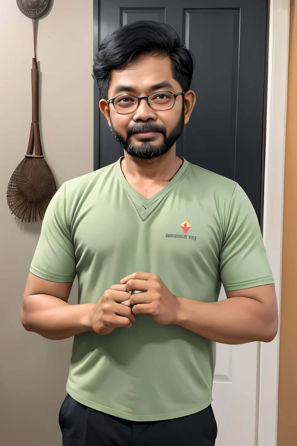 Guru pria, rambut keriting, kulit kecoklatan dan menggunakan pakian guru olahraga di sebuah kampung, dengan tulisan di bawah GURU KAMPOENG