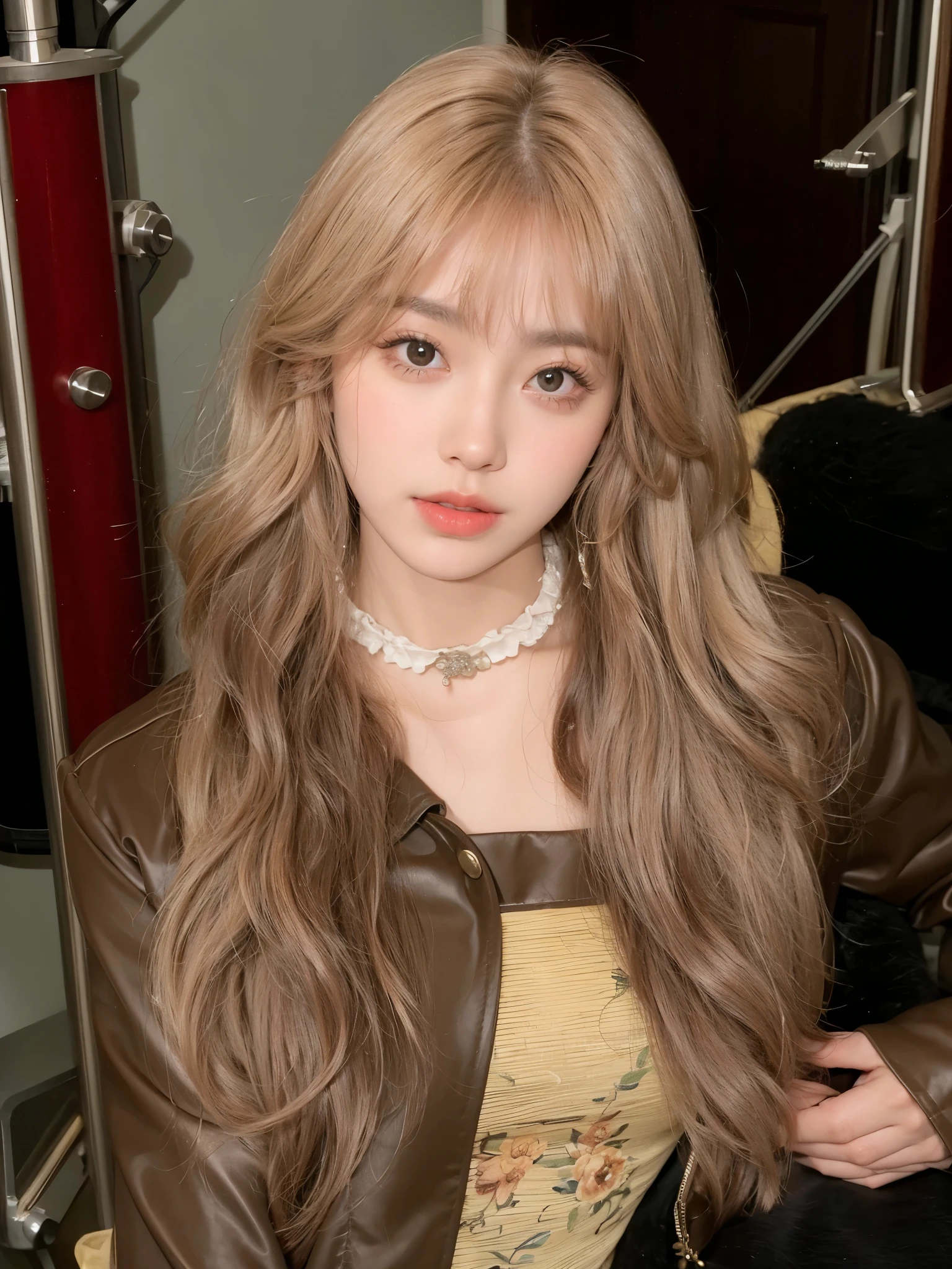 Brown long curly hair is natural, real and beautiful，Beautiful girl with long curly hair and bangs
