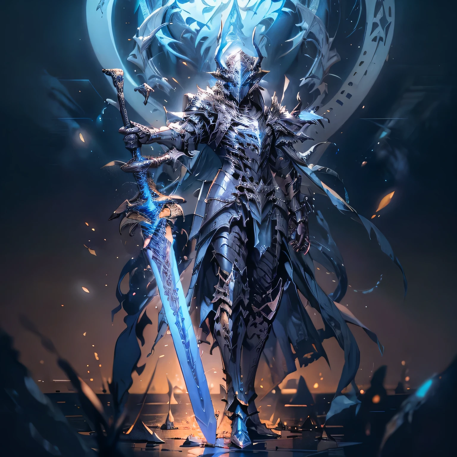 (masterpiece, top quality, best quality, official art, beautiful and aesthetic:1.2),(8k, best quality, masterpiece:1.2),CGDivineSwordsw, weapon, armor, solo, holding, horns, glowing, sword, 1boy, holding weapon, planted, male focus, glowing weapon, standing, helmet, gauntlets, holding sword, glowing sword, planted sword, shoulder armor, gradient, gradient background, greaves, pauldrons, (blue glow:1.3),