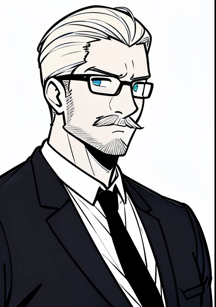 Adult male, white and tender skin, pale blonde slicked back combed short hair, kaisermustache and a ducktail beard, steel blue eyes, green and slightly mature, serious and emotionless facial expression,wearing a black suit jacket, white collar shirt, black tie and suit pants and glasses, portrait style, facing forwards