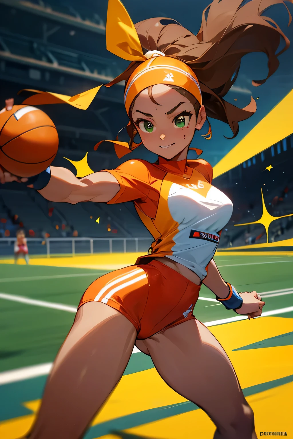 Serena "Blaze" Carter is a dynamic and agile athlete, known for her speed and precision on the field. Standing at 5'8", she possesses a lean and athletic build, honed through years of dedicated training. Her chocolate-brown hair is often tied back in a ponytail to keep it out of her face during intense matches.

With piercing green eyes that reflect her competitive spirit, Serena exudes confidence and determination. Her features are framed by a smattering of freckles across her nose, adding to her youthful and vibrant appearance. On the field, she wears a focused expression, her gaze fixed on the game ahead.

Serena's attire reflects her status as a star athlete, combining style with functionality. She wears a form-fitting jersey in the vibrant colors of her team, adorned with her iconic number and team logo. Beneath the jersey, she sports compression shorts and leggings, providing support and flexibility for her explosive movements.

Her feet are clad in lightweight, high-performance cleats designed to maximize traction and agility on the field. Serena's accessories include wristbands and a headband to absorb sweat and keep her focused during intense matches. A determined smile often graces her lips as she prepares to take on her opponents. Fullbody pose, basketball