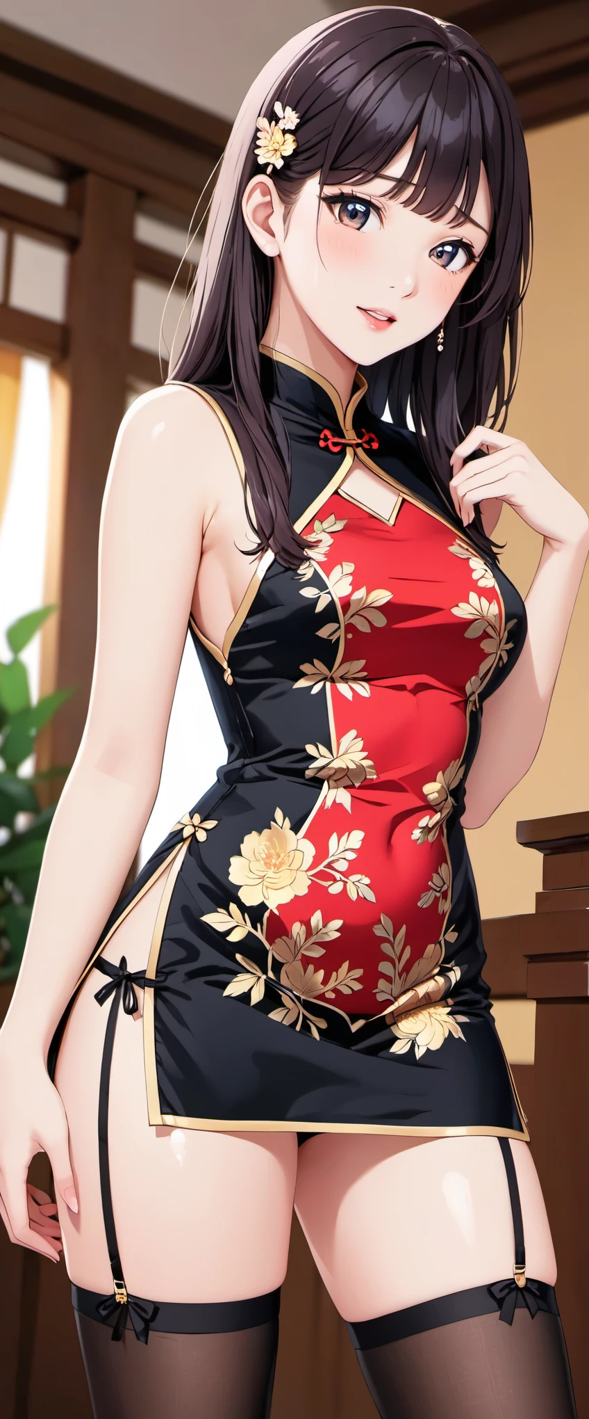 High resolution, adult woman , good lighting, despicable, , (No nudity), (((shiny cheongsam))), (()), ((())), (garter belt), abdomen only, (),  ,  cute face, I&#39;m embarrassed and blush, humiliating, ((turn around and look back)), (T-back)(a large amount of  is on the body,)