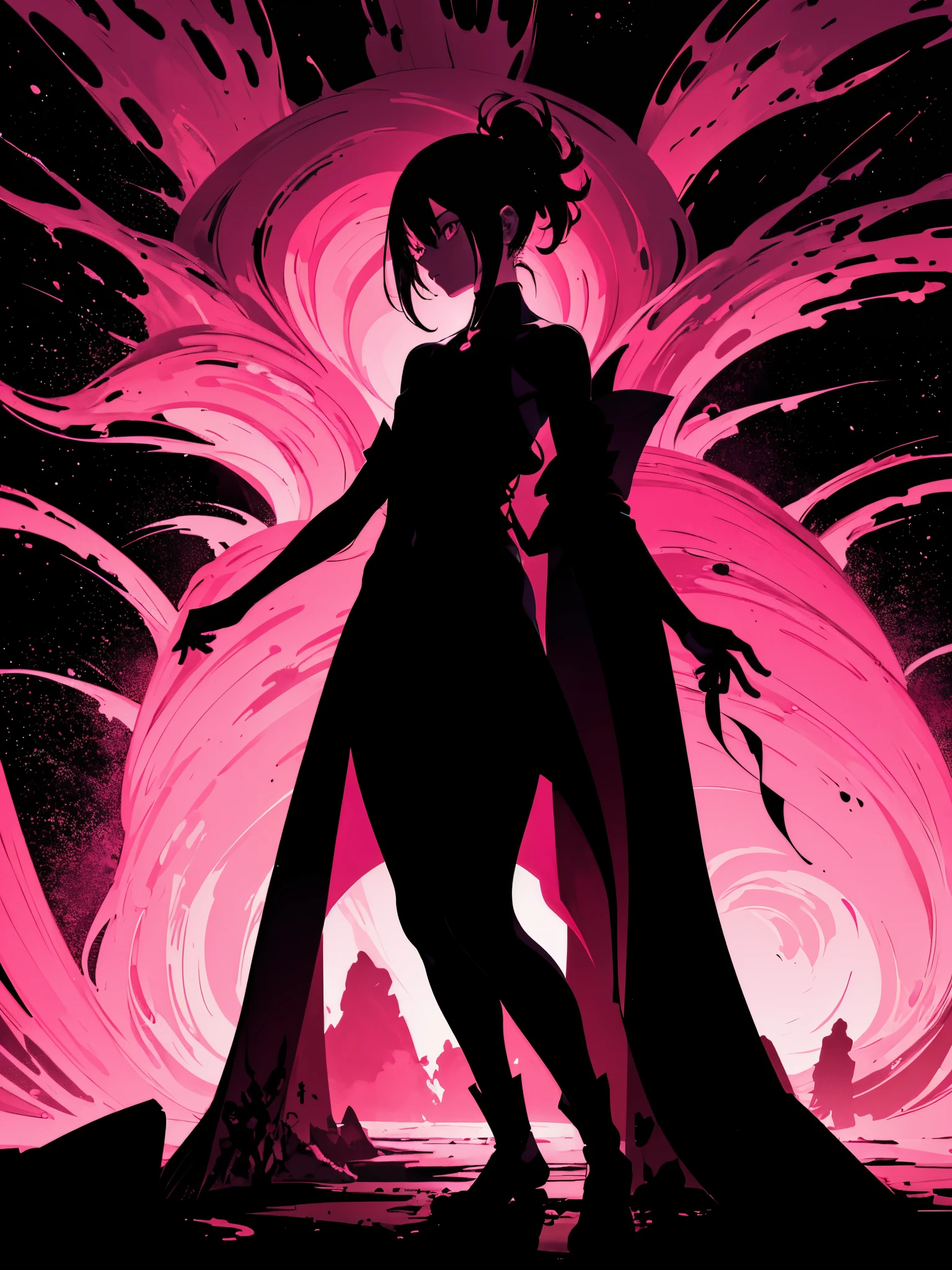 (silhouette:1.25),1girl,dark background,blacklight,mid shot,full body,somber expression,looking down,dark energy,vibrant magenta,portal to another world,flat color,flat shading,ultra realistic,highres,superb,8k wallpaper,extremely detailed,intricate,limited palette,pink,