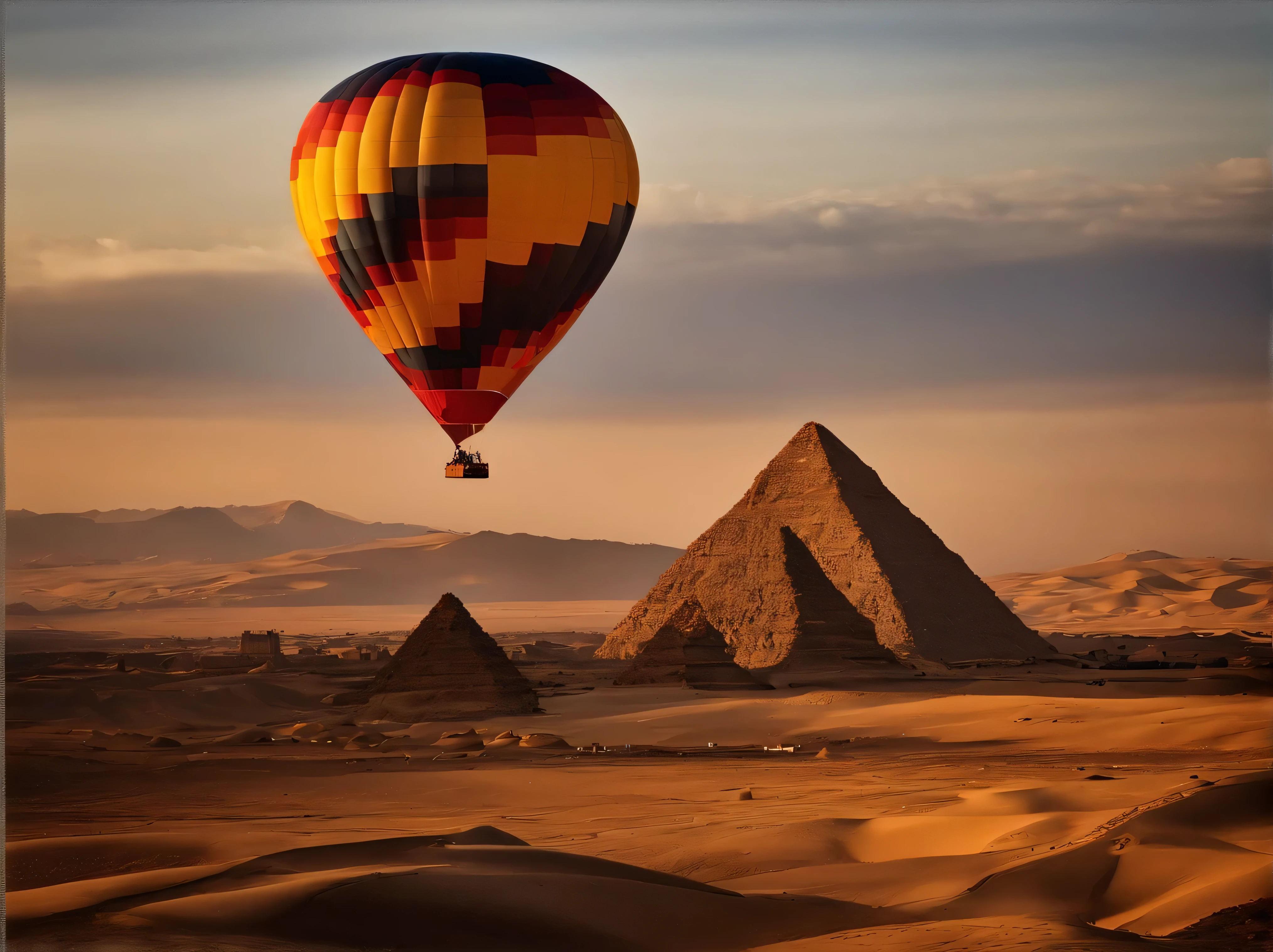 close shot,There is a hot air balloon floating at the height of the roof,The hot air balloon occupies half of the frame,Pyramids of Egypt,There is a child sitting in the basket of a hot air balloon,The picture angle is a bird’s eye view