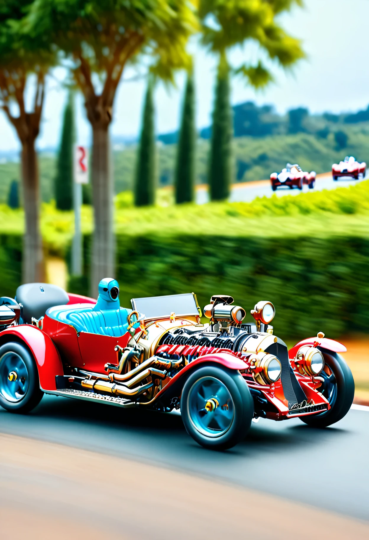 ,racing cars, one in front, steampunk style, in steampunk world, cars behind blurred, all cars kept within frame, frame of picture, racetrack ,outdoors, sky blue,day,motion blur to wheels, some dust, keep cars size proportionate and perspective, facing forward, cloud,tree,blue sky, steampunk style, all with drivers, racing drivers, drivers heads all facing forwards, all wearing helmets,red car, blue car, yellow car, green car,ferrari,text MONACO on barriers, (masterpiece, best quality, ultra-detailed, best shadow), high contrast, (best illumination), ((cinematic light)), colorful, hyper detail, dramatic light, intricate details, ultra detailed artistic photography, dreamy, backlit, shadows, ultra high definition, 8k, ultra sharp focus, ultra high quality, soft lighting, film photography, analogue photography, hyperrealism,