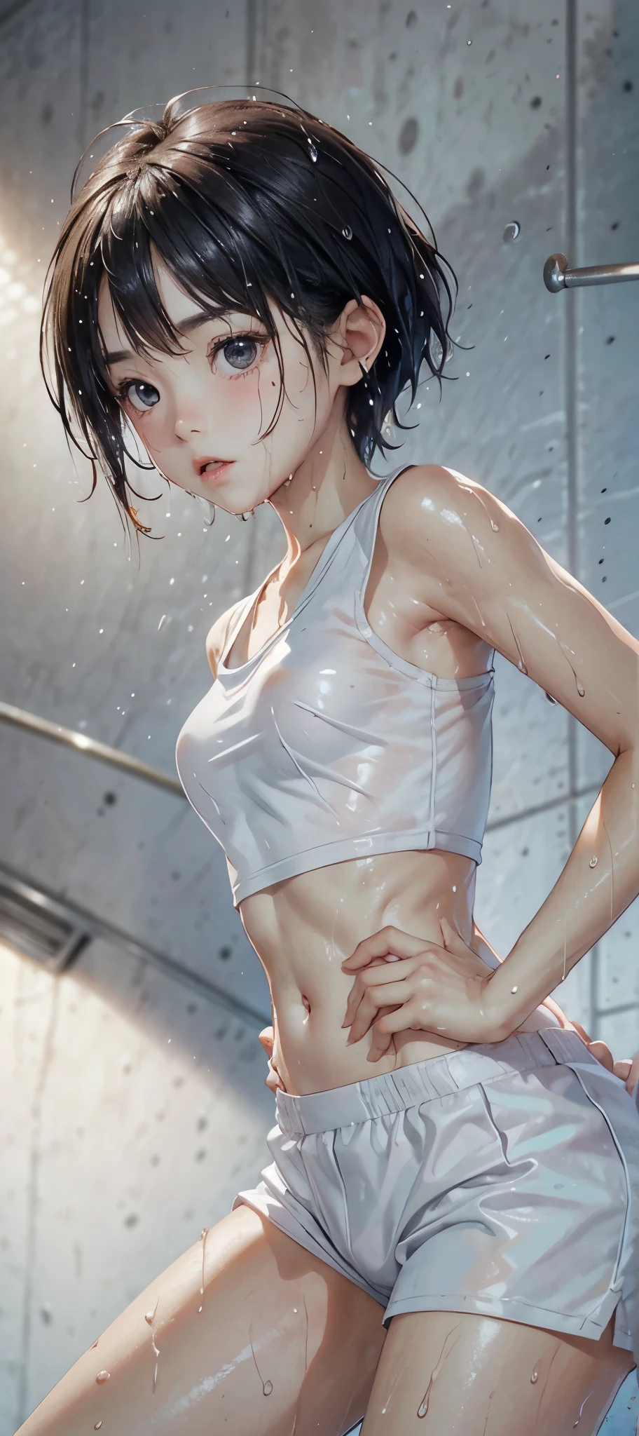 cute girl . Very kawaii , round face . alone , Slim , medium breasts , short and small . shiny skin . Pure white tube top T-shirt . shorts . dynamic poses . dynamic angle . No background , White background , looking at the audience,(((Wet clothing)))