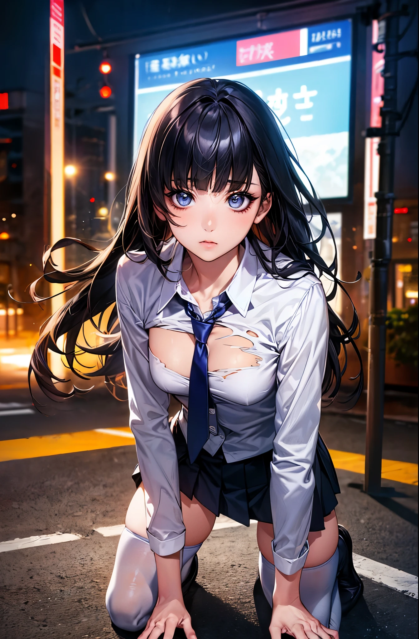 ((perfect anatomy:1.5,realistic,:1.3,RAW Photography:1.3,masterpiece、highest quality、Ultra - High resolution、High resolution、Highly detailed CG、8K)),from adove,1 female,solo,20-year-old,beauty of japan,beautiful detailed face and eyes,big and gorgeous eyes,gray eyes,(black hair,long hair,blunt bangs), (slender body,small head:1.4, skinny,medium breasts), glowing skin,oily skin,kneeling,look up at the audience、((injury,,torn clothes)),((white shirt with collar、long sleeve、navy blue tie、navy pleated mini skirt)),((white_thighhighs)),collapsed building、Shibuya Station、Shibuya Ward、Tokyo、at night、