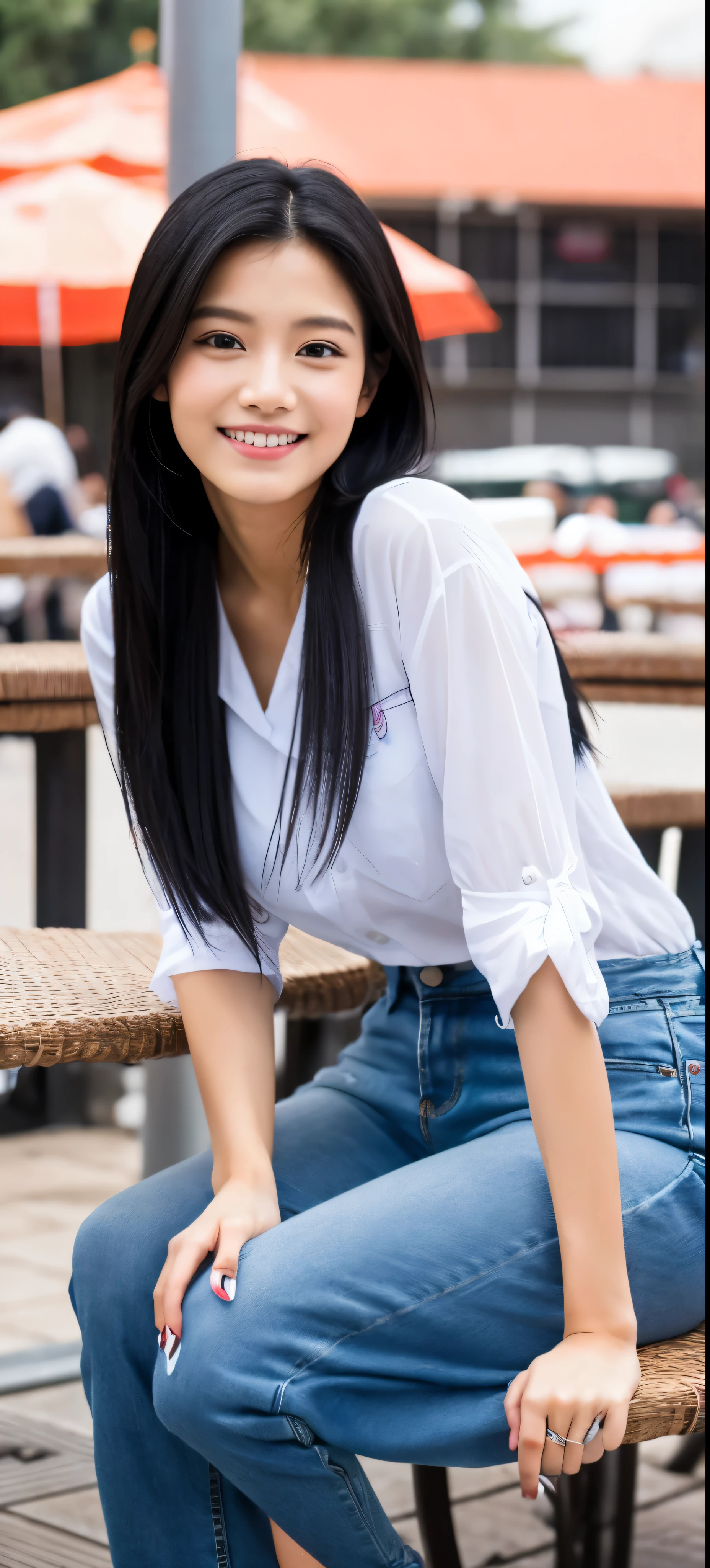1 girl, indonesian girl, 23 years old, (black hair super-long 1 meters), (very beautiful face, very sweet, sharp eyes like an angel from heaven ), (beautiful hair), actress, smile, shiny skin, best quality, masterpiece, (photorealistic:1.4), terrace seating, asian, indonesian, jakarta, denim long skirt (realistic fabric), white short sleeves (cotton fabric), (no logo), thin fingers