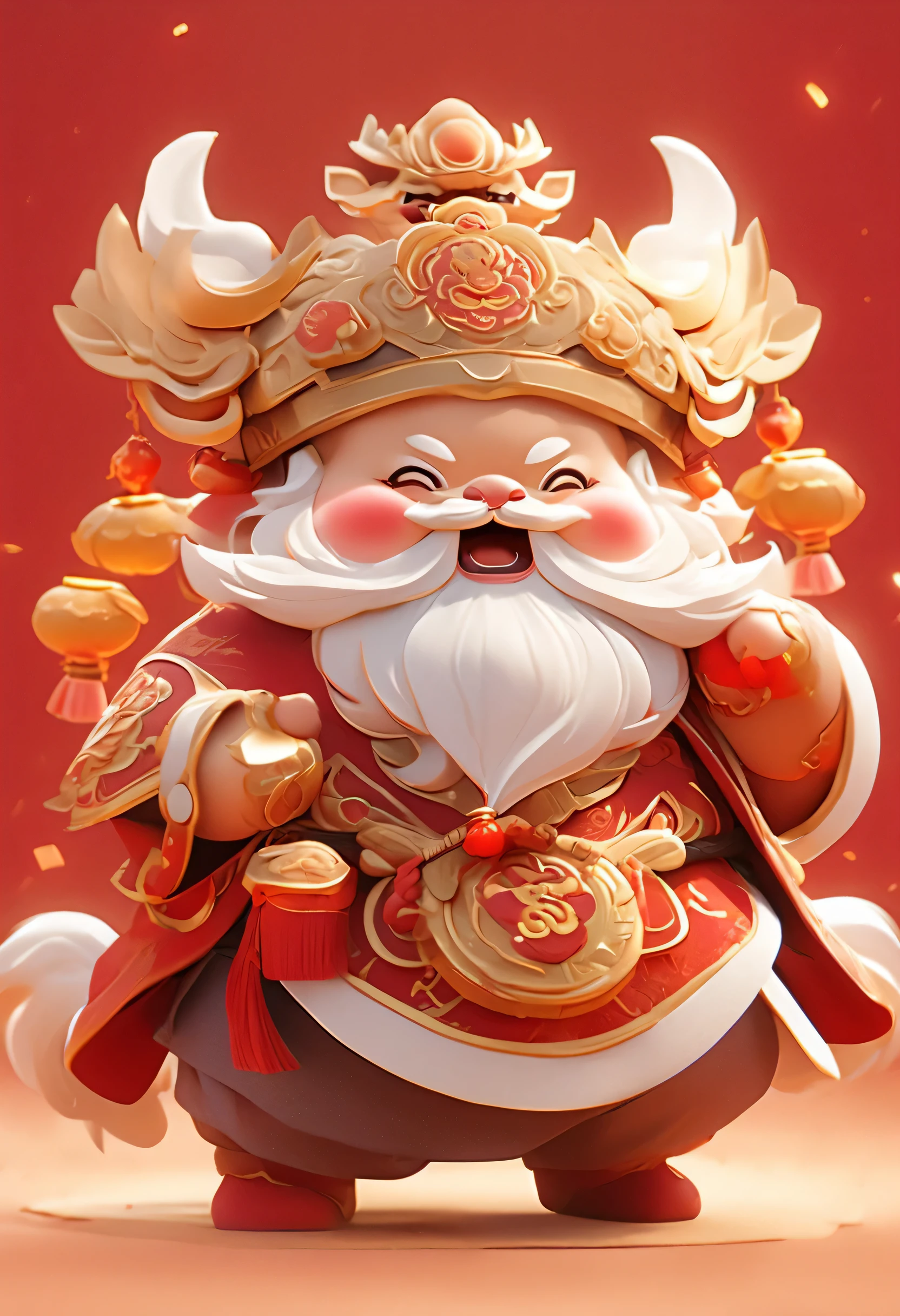 Game character design，(((Vector illustration style)))，(1 Chubby ，Wearing the legendary red New Year costume，Wearing auspicious gemstone headdress#39;s expression is cute and enthusiastic，眼睛闪闪发Light，The corners of the mouth rise), (god of wealth，White beard，Holding the big ingot), (((stand up，中国Xiangyun布鞋: 1.6, Glowing wire or deep red LED Light effect))), (whole body: 1.5), (((Chinese new year elements, Chinese red background, Xiangyun))), (leave, First-person perspective, Ghibli style colors, 发Light主义, Light, ultra high definition, masterpiece, precise, anatomically correct, textured skin, Super detailed, high detail, high quality, Award-winning, best quality, 4K), bright colors, lively expression, eyes are very bright, soft background, stylized