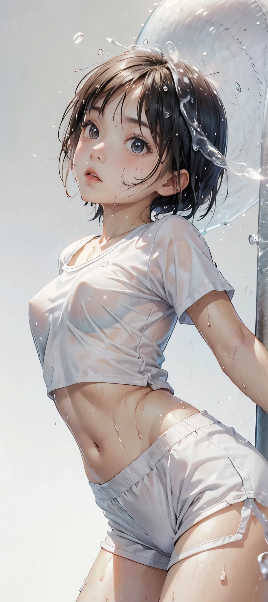 cute girl . Very kawaii , round face . alone , Slim , medium breasts , short and small . shiny skin . Pure white tube top T-shirt . shorts . dynamic poses . dynamic angle . No background , White background , looking at the audience,(((Wet clothing)))