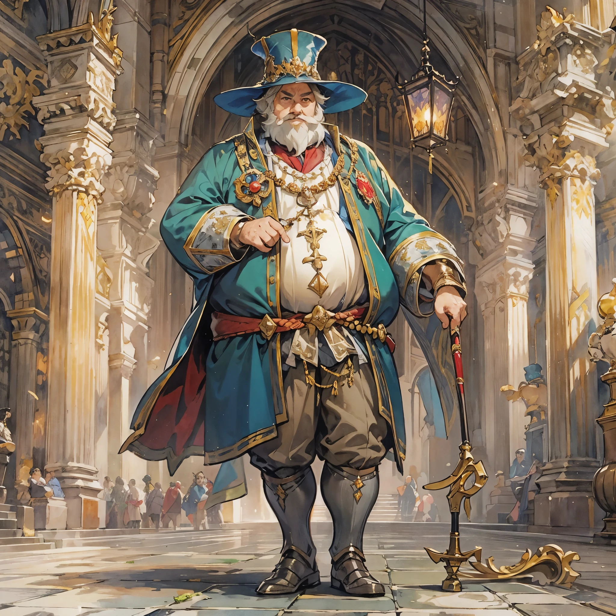 a middle-aged man,European medieval royal nobles,Wearing gorgeous satin clothes,wearing a hat,Cane,The body is a bit fat,Stand with a puffy belly,Looking very proud。Medium shot composition,full body picture,characters and scenes,Game concept art style,Anime illustration style,watercolor style,Marker style,high-definition,4k。