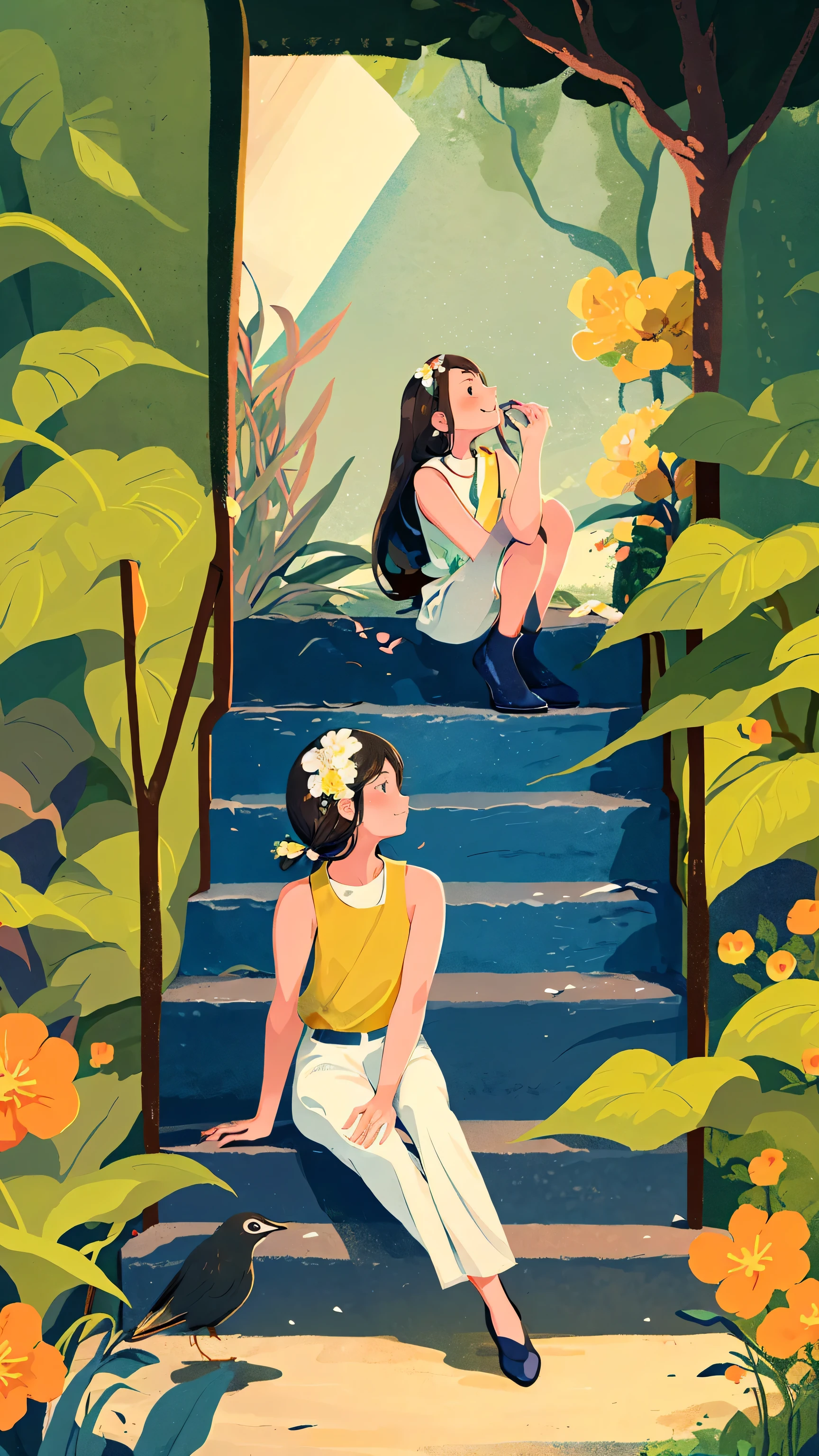 1 girl, alone, stairs, long hair, brown hair, plant, shirt, bird, sleeveless shirt, shoe类, sleeveless, sitting, white trousers, skirt, flower, Smile, white skirt, 橙色shoe类, foliage, black eyes, Wide-angle lens, shoe, pink flower, trousers, blush, scarf, yellow shirt, edge, sitting on stairs, yellow flower, Tree, pace, Tree shadow, flower