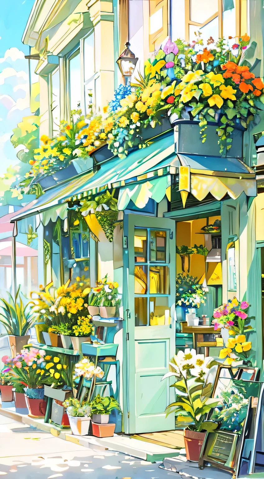 Florist scene, Yellow flowers and green awning outline flower shop in watercolor style, ease, Beautiful yellow-green tone, filled with flowers and plants, Turquoise tones, Light yellow-green tone, blue sky, cloud, Beautiful art full of light, matte gouache illustration, Studio Ghibli hand drawn