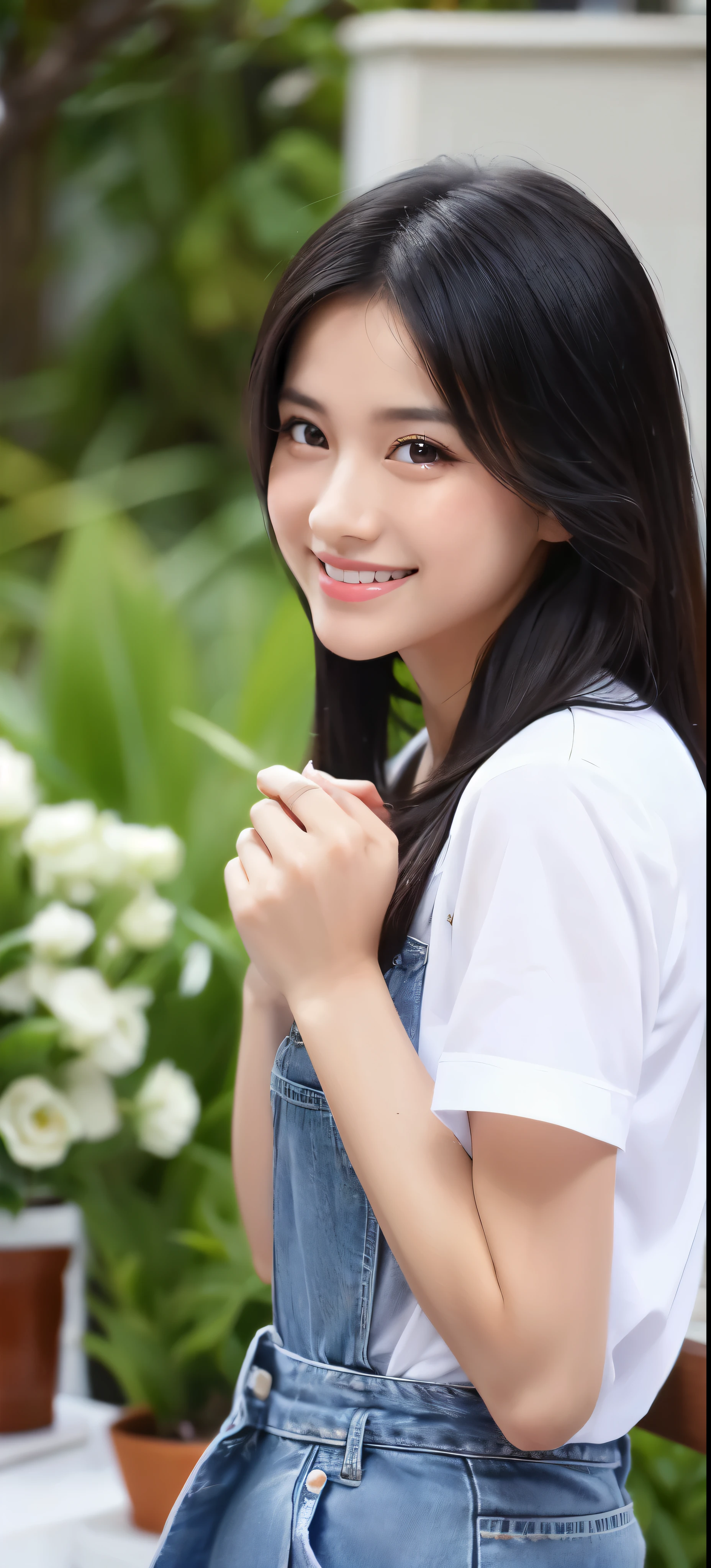 1 girl, indonesian girl, 23 years old, (black hair super-long 1 meters), (very beautiful face, very sweet, sharp eyes like an angel from heaven ), (beautiful hair), actress, smile, shiny skin, best quality, masterpiece, (photorealistic:1.4), terrace seating, asian, indonesian, jakarta, denim long skirt (realistic fabric), white short sleeves (cotton fabric), (no logo), thin fingers