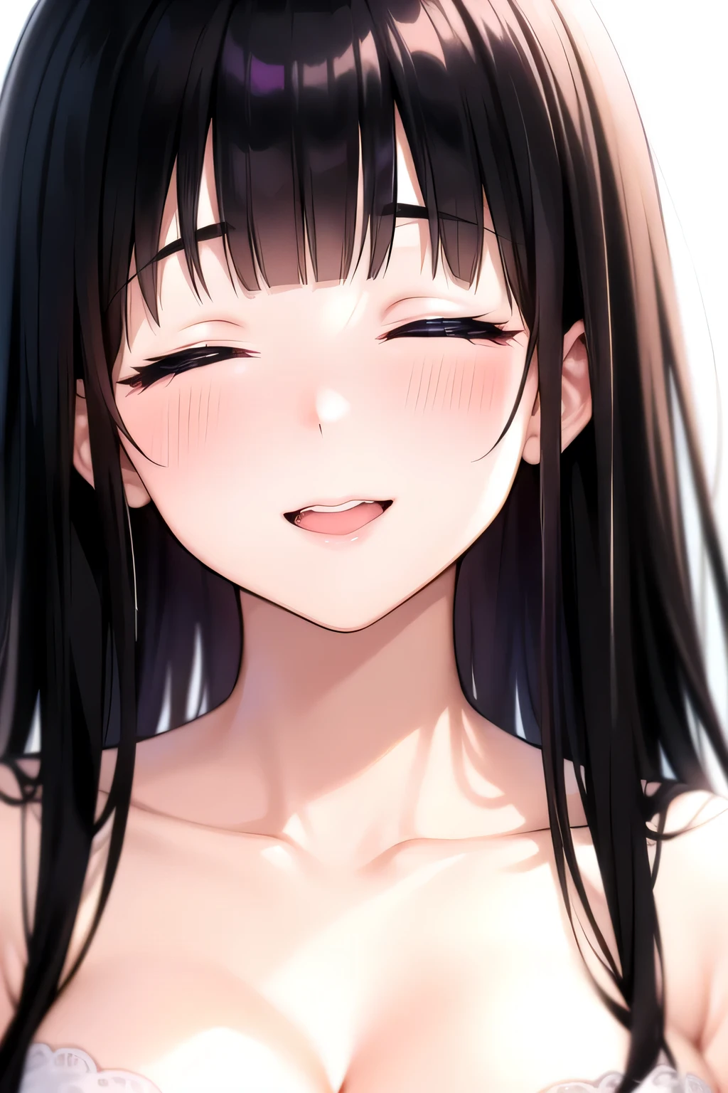 (A superb exquisite Chitanda Eru), (adult face), solo, intricate details, (finely detailed beautiful eyes: 1.2), purple eyes, long black hair, natural straight hair, straight bangs, solo, [Small_breasts: large_breasts: 0.5], normal breasts, extremely delicate, peerless beautiful girl, dreamy quality, exaggerated facial features, solid color, delicate face, bright lips, slender waist, straight curves, super fine, [8K full HD], (masterpiece:1.4), (((blush, laugh, closed eyes, portrait)))
