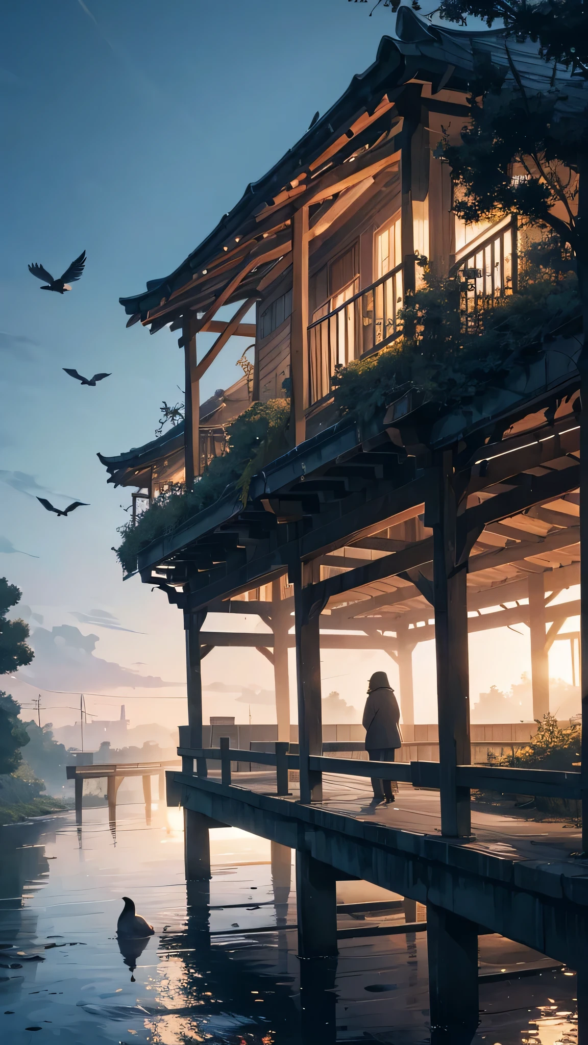 in quiet dusk,Old trees and dead vines entangled together,A flock of returning crows perches on a branch。They may chirp quietly,Or quietly combing your feathers,Adding a mysterious atmosphere to this peaceful scene,A small bridge spans the gurgling water,The water under the bridge is crystal clear,The sound of gurgling water seems to tell the story of the years。There are several houses on the other end of the bridge,Smoke rises from the roof,warm light shines through,Let people feel the warmth of home。