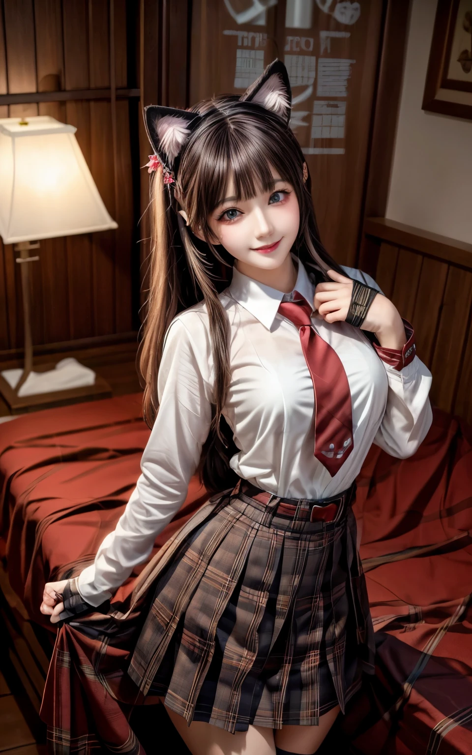 (masterpiece, best quality), 1 beautiful girl, cat ears, smile, slim body, (school uniform:1.1), (detailed beautiful eyes), paw gloves, bedroom, indoors,