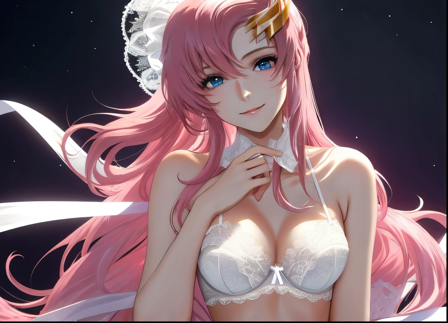 Masterpiece,detailed eye,detailed skin,detailed face,shiny skin,detailed hair,white skin,perfect lighting,shiny lips,8k,wallpaper,Kyoto animation, anime coloring  ,Lacus clyne,gundam seed ,pink hair, straight hair,blue eyes , (((hair ornament))),very long hair, stars background ,(((white lace bra ,white lace panties))),slender,beautiful legs,smile 