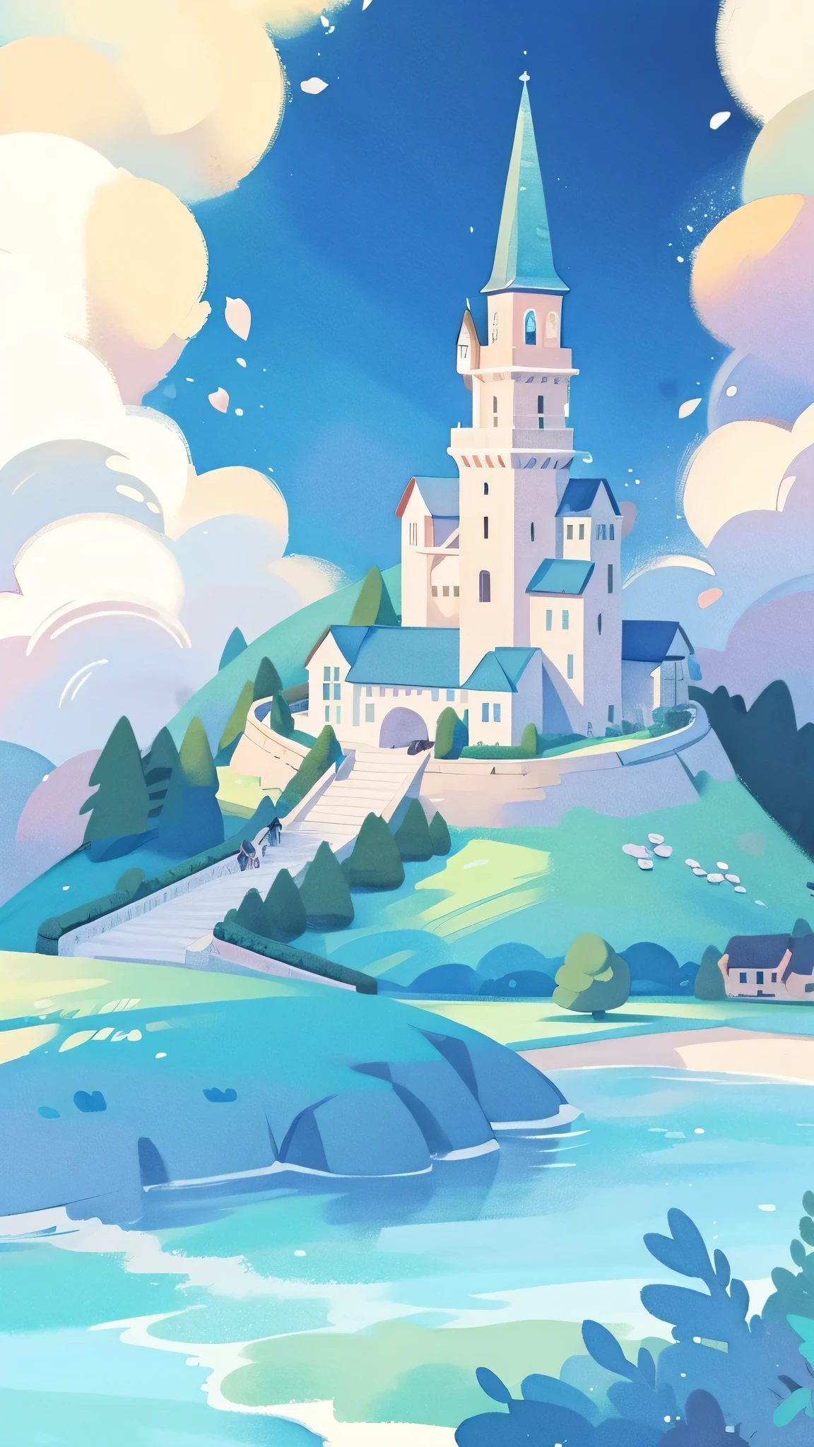Ocean fantasy watercolor illustration, bright colors, huge asymmetrical castle village, (masterpiece, best quality, fine details), Highly detailed environment
