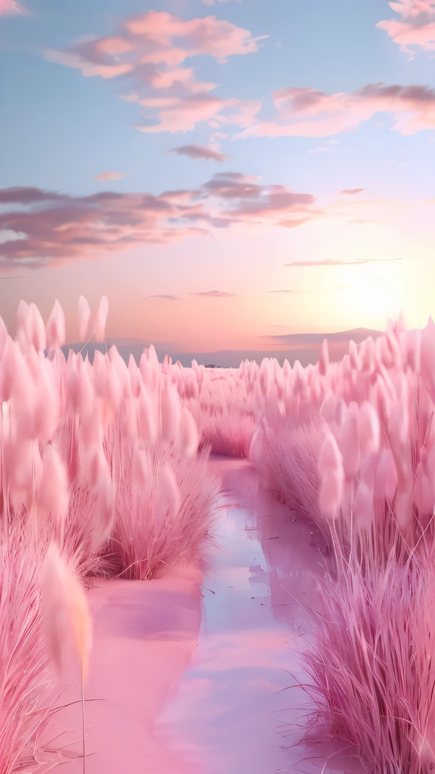 There is a pink field,There is a stream flowing through it, pink grass, pink landscape, pale pink grass, Marshmallow bushes, Pink soft light 4K, In the soft pink light of dawn, marshmallow tree, pink golden hour, pink forest, Pink sunset, Get lost in a dreamy fairytale landscape, looking out at a pink ocean, In a surreal dreamscape, pink sunshine