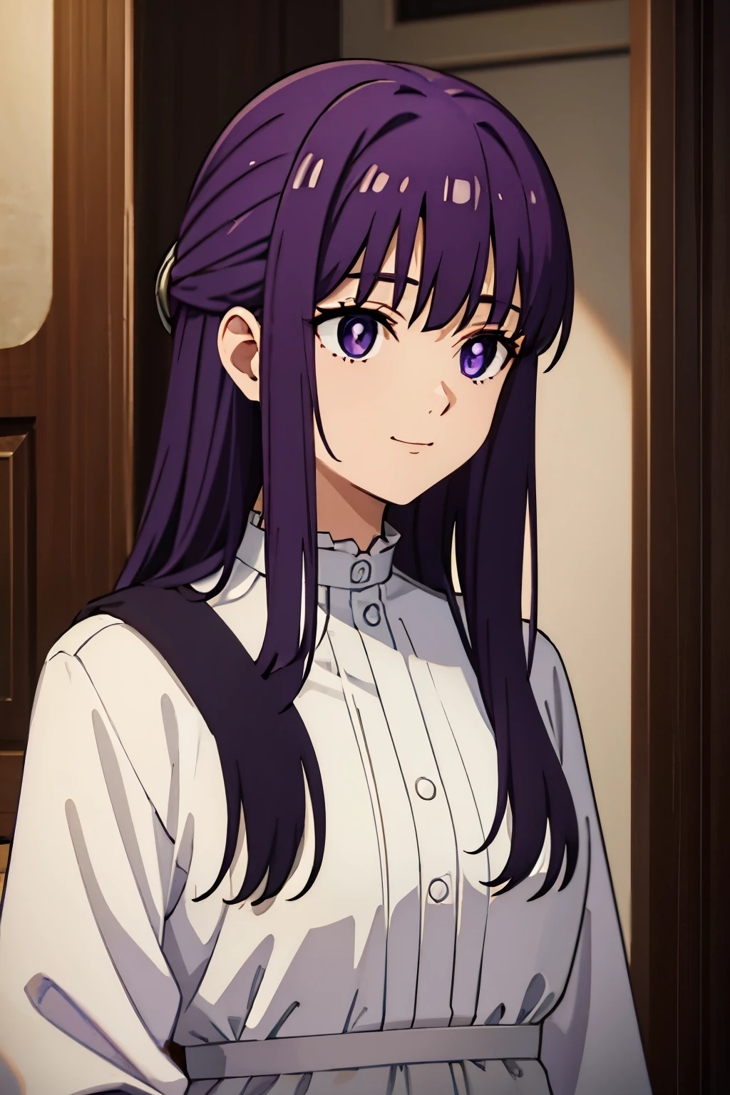 (masterpiece, highest quality:1.2), nfsw, Close-up image of a person with long purple hair and a white shirt, purple eyes, bull, wearing [ [ 1st century～2nd century, Leave the room, Super detaileded, highest quality, expressive eyes, perfect face, ultra highest quality, Super detailed, highest quality, highest quality, Smile at me, Pregnant