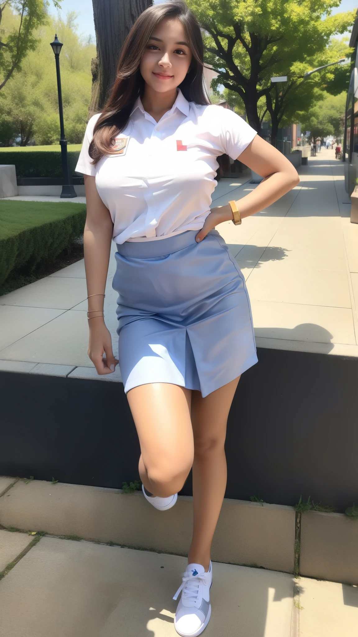 1girl, (uniform_doodle), standing, outdoors, detailed face, detailed eyes, huge breasts, shiny skin, looking at the audience,(8k, RAW photo, best quality, masterpiece: 1.2), (realistic, realistic: 1.37), ultra-high resolution, wearing white nike shoes, mini skirt, tight uniform, full body pict, full photo shoot, perfect body,